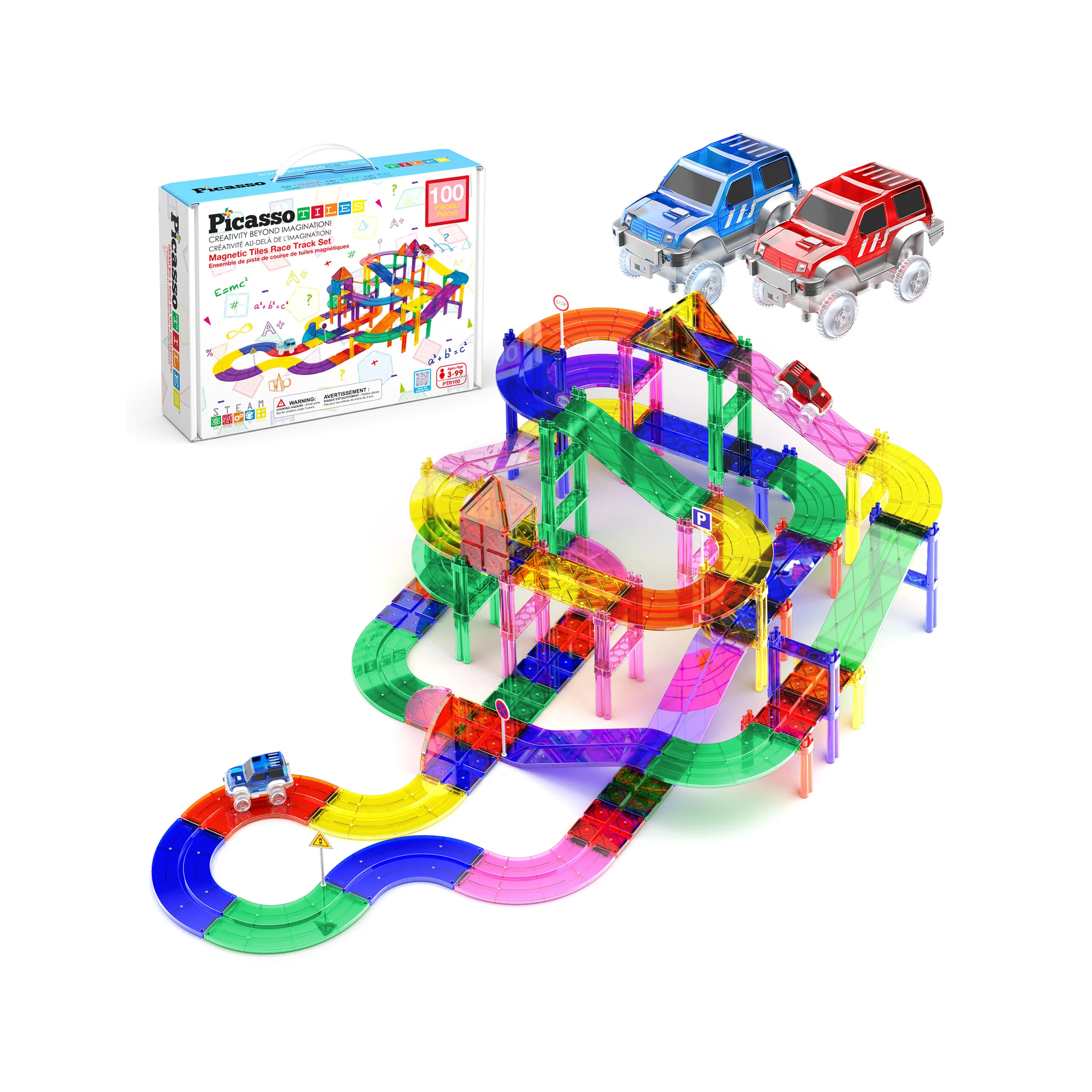 PicassoTiles Magnetic Race Track Starter Set with LED Cars (100 Pieces)
