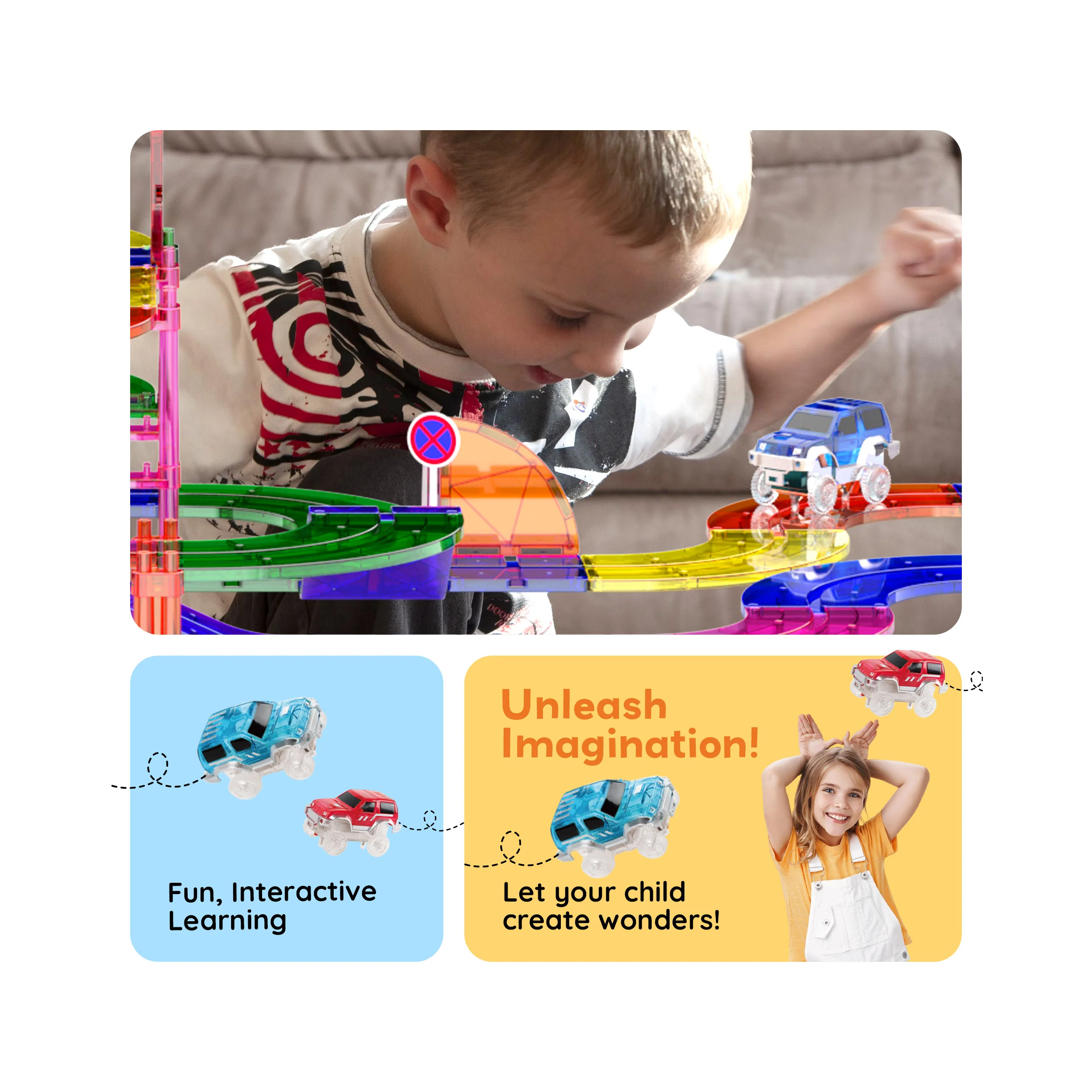 PicassoTiles Magnetic Race Track Starter Set with LED Cars (100 Pieces) - Image 3