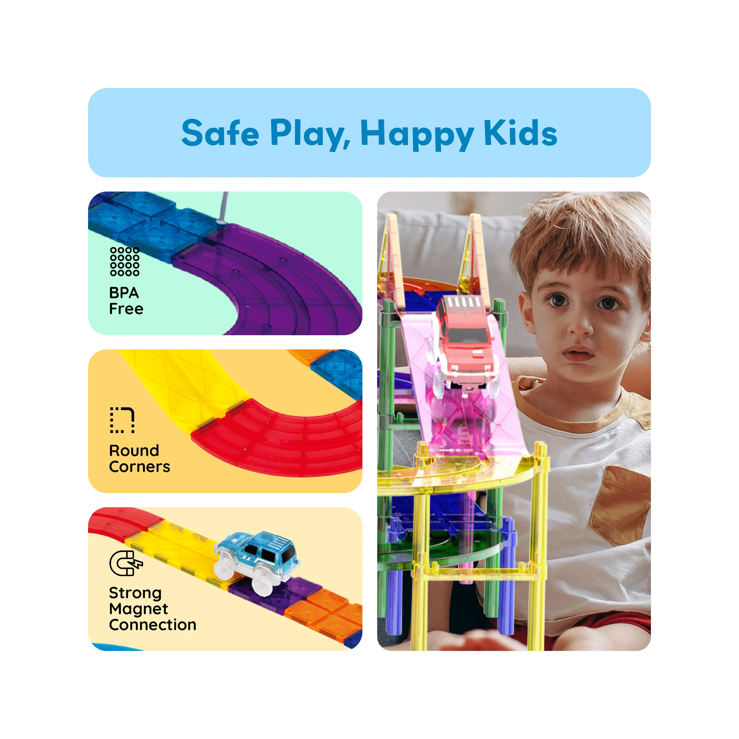 PicassoTiles Magnetic Race Track Starter Set with LED Cars (100 Pieces) - Image 4