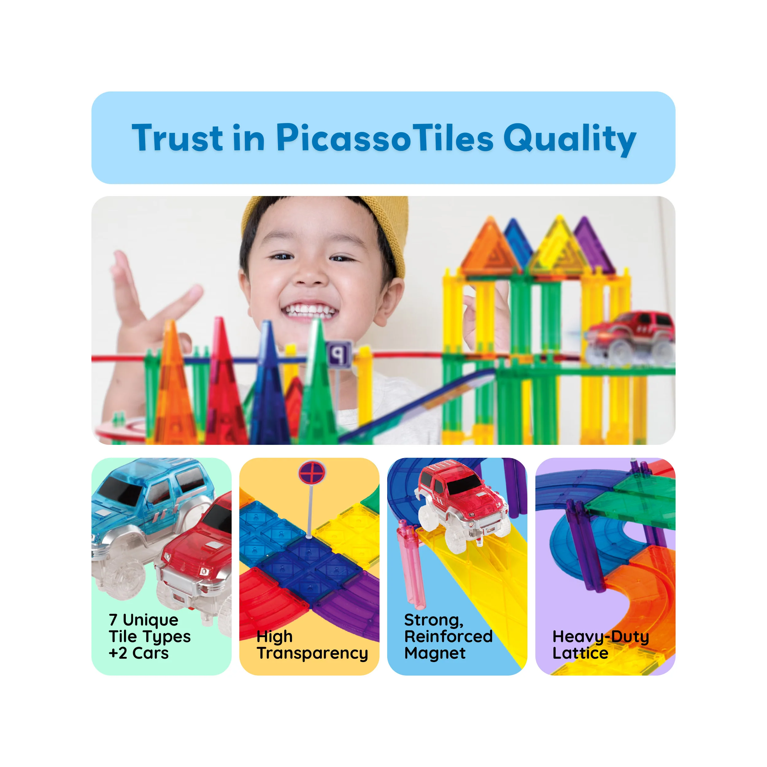 PicassoTiles Magnetic Race Track Starter Set with LED Cars (100 Pieces) - Image 6
