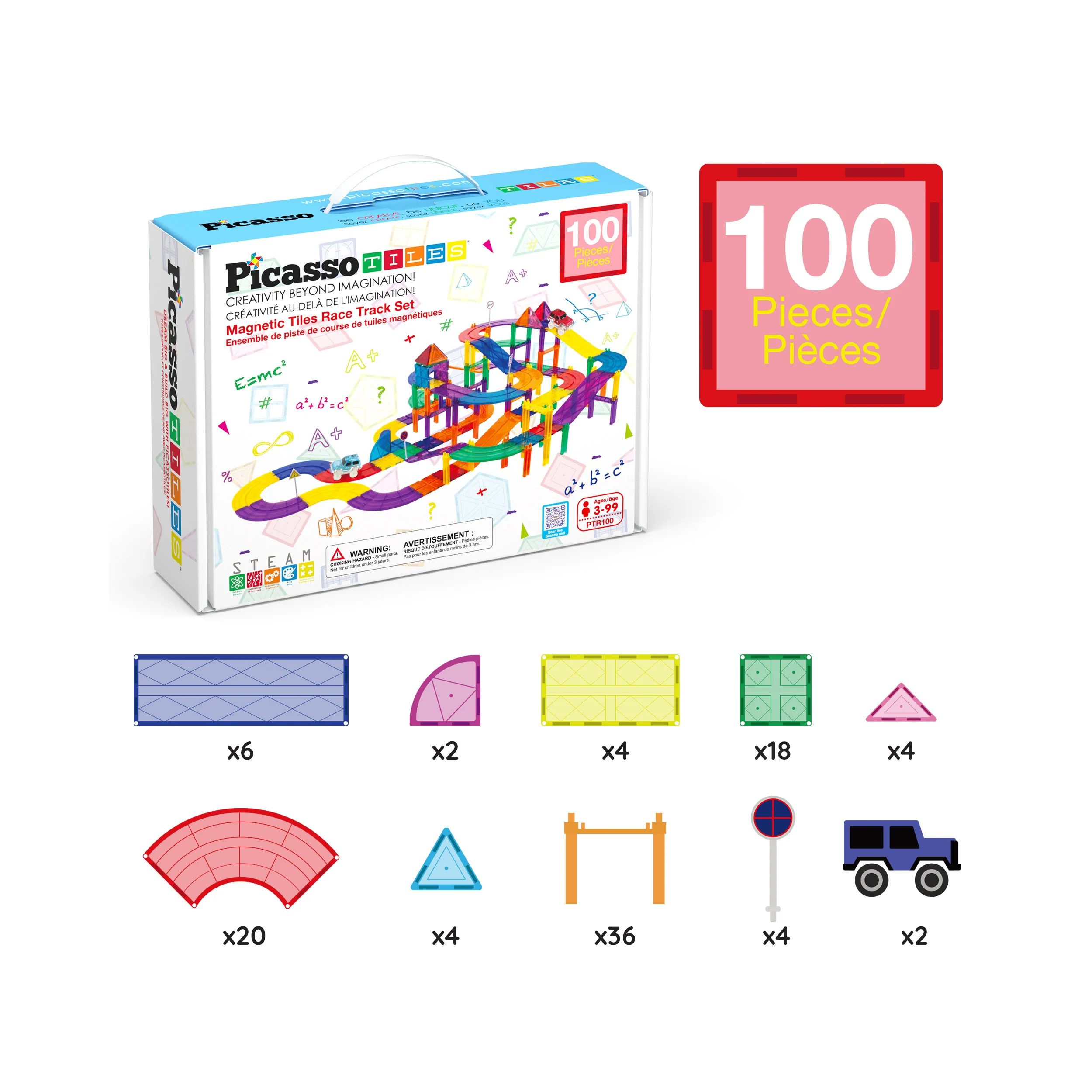 PicassoTiles Magnetic Race Track Starter Set with LED Cars (100 Pieces) - Image 7