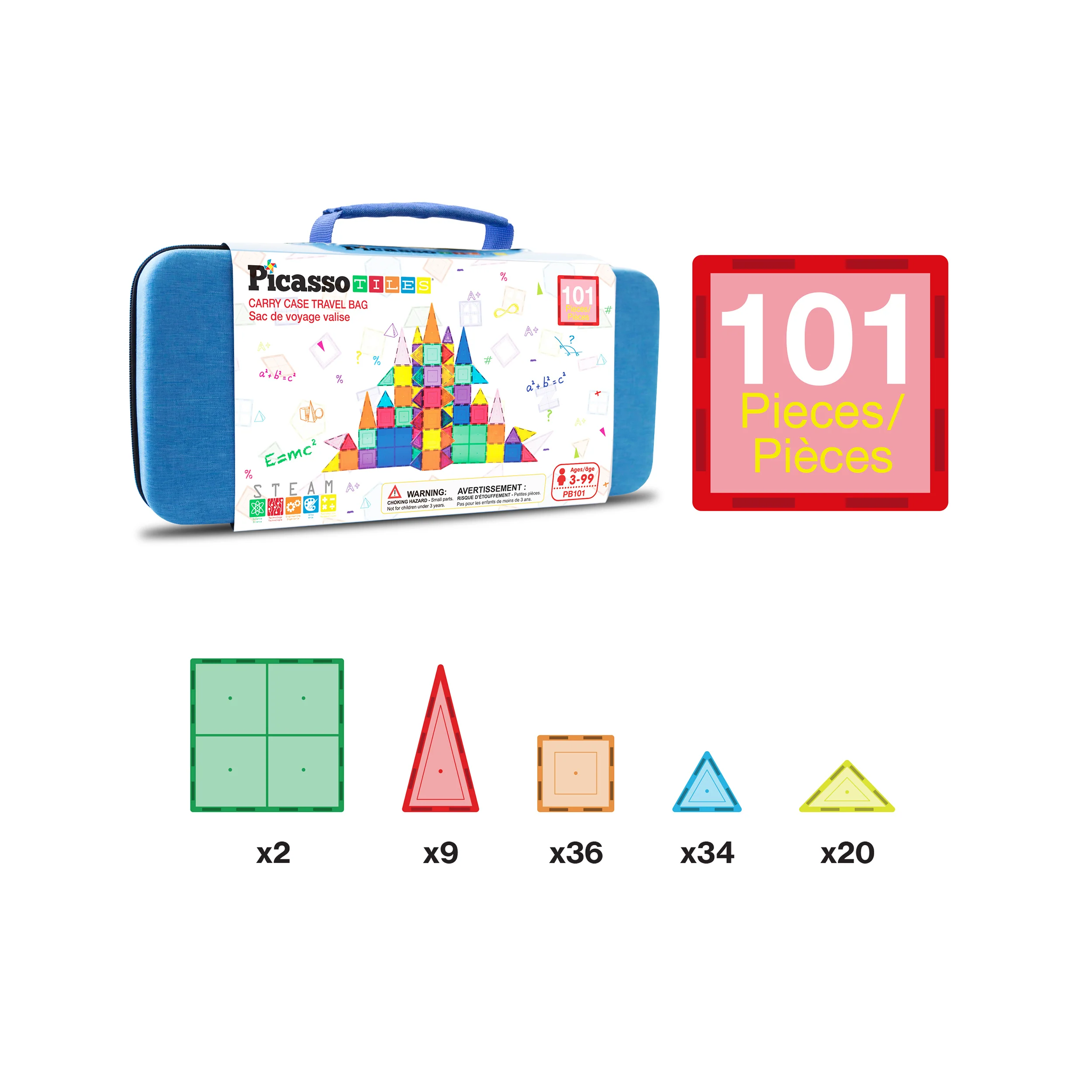 PicassoTiles Magnetic Tile Set with Carry Case (101 Pieces) - Image 3