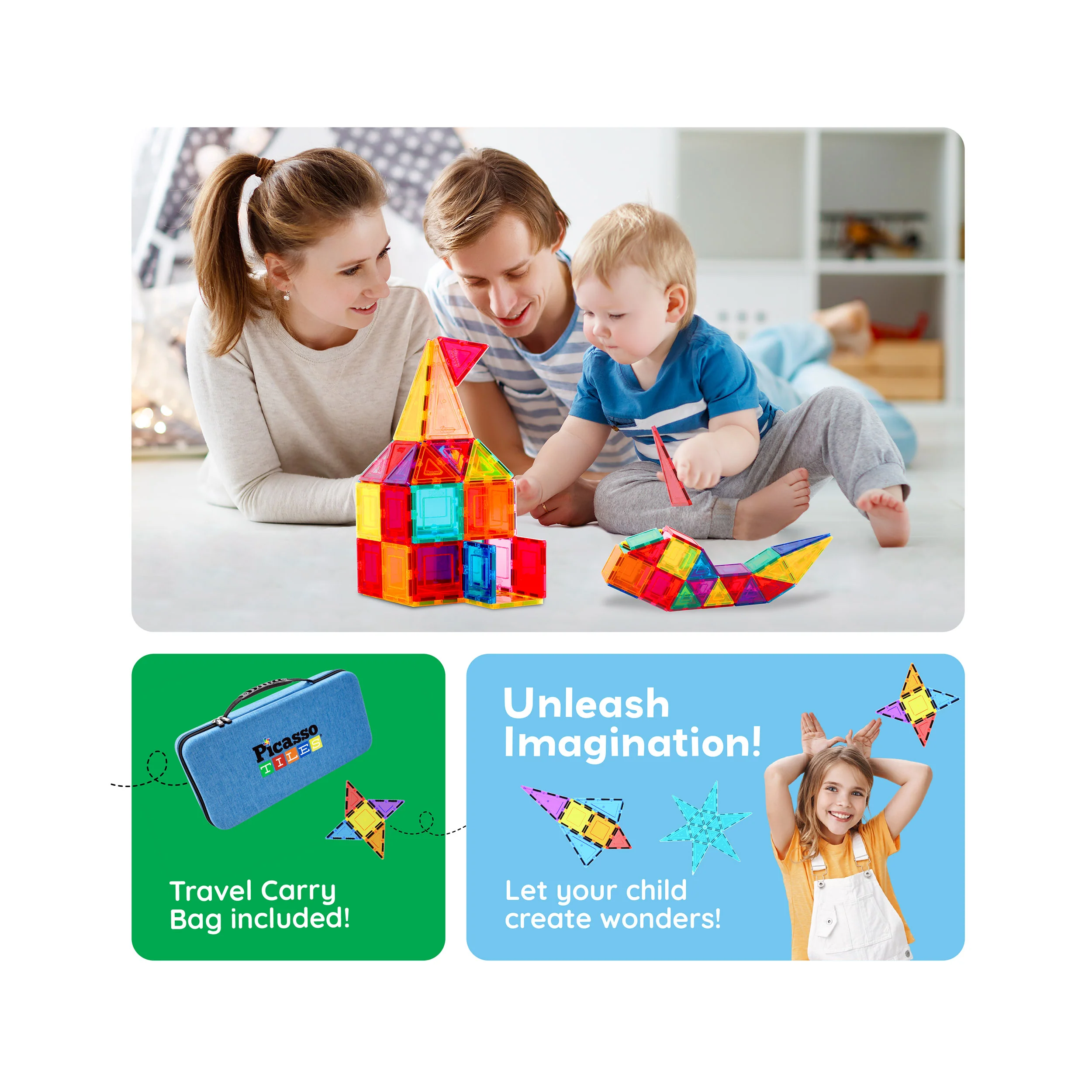 PicassoTiles Magnetic Tile Set with Carry Case (101 Pieces) - Image 5