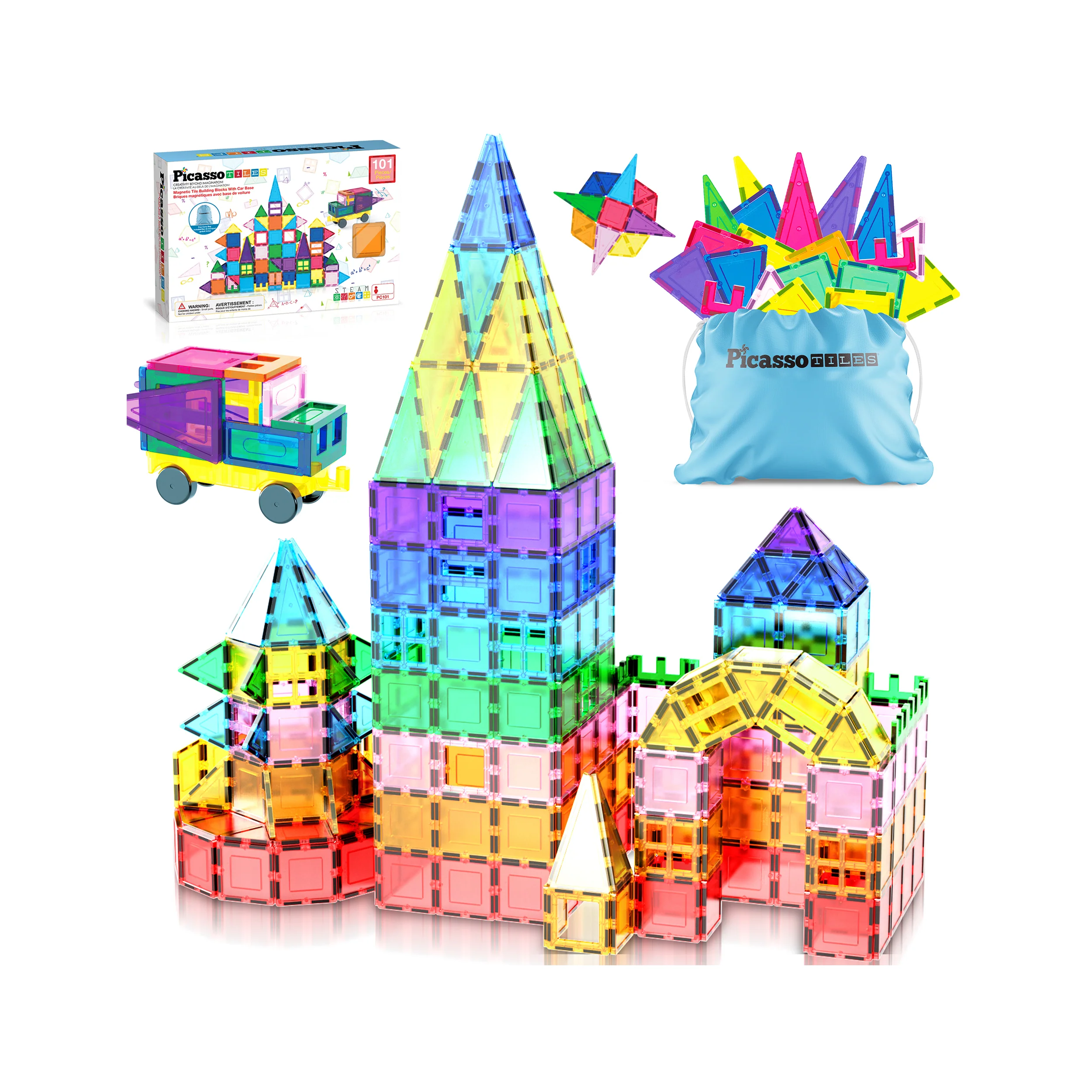 PicassoTiles Magnetic Tile Building Blocks Set with Car Base (101 Pieces)