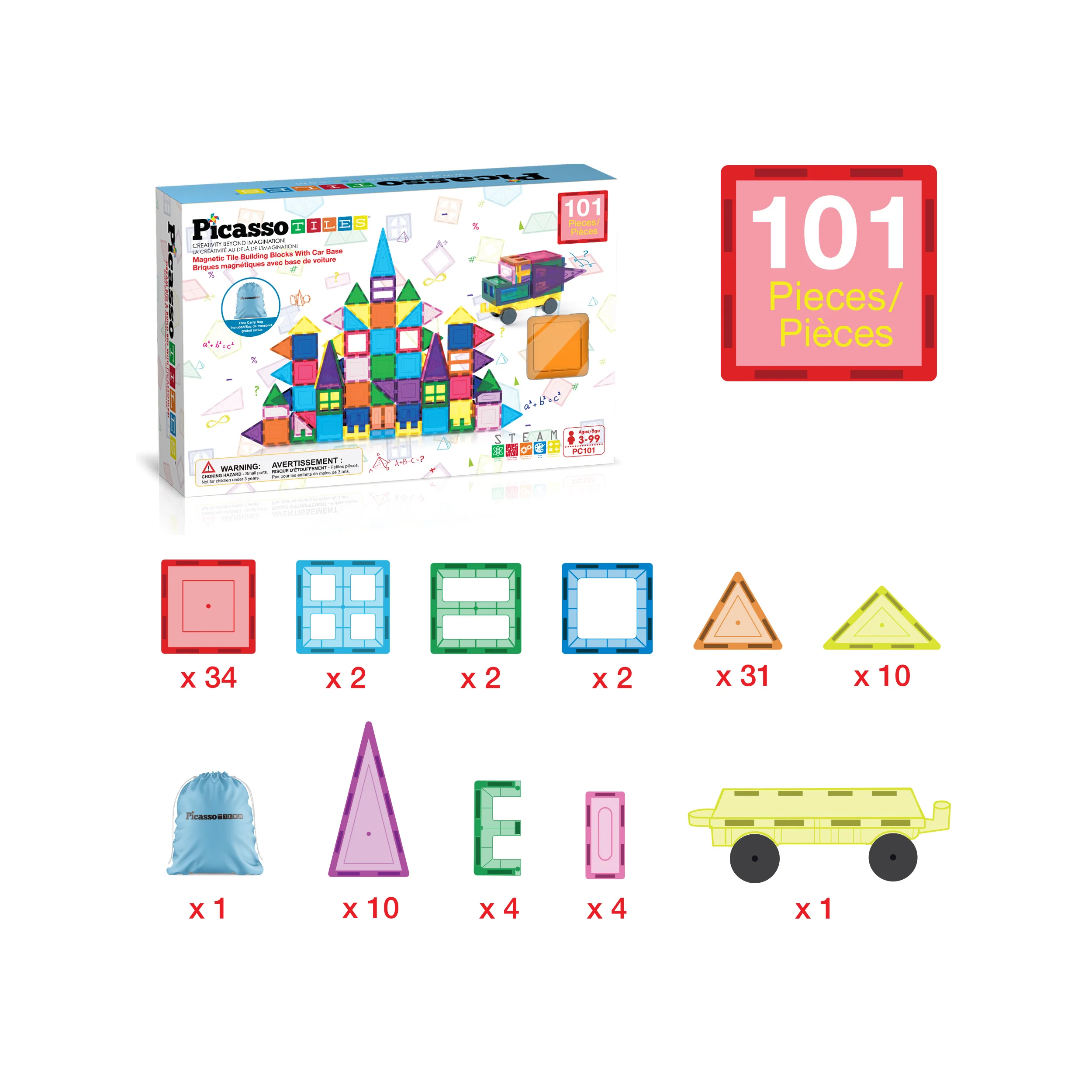 PicassoTiles Magnetic Tile Building Blocks Set with Car Base (101 Pieces) - Image 3