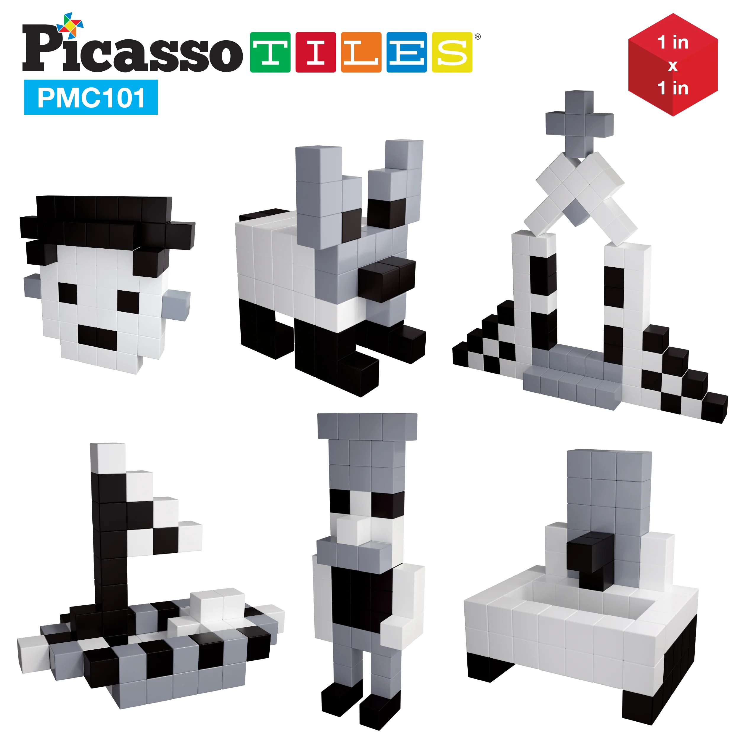 PicassoTiles 101pcs Magnetic Puzzle Cube Set - Black and White - Image 4