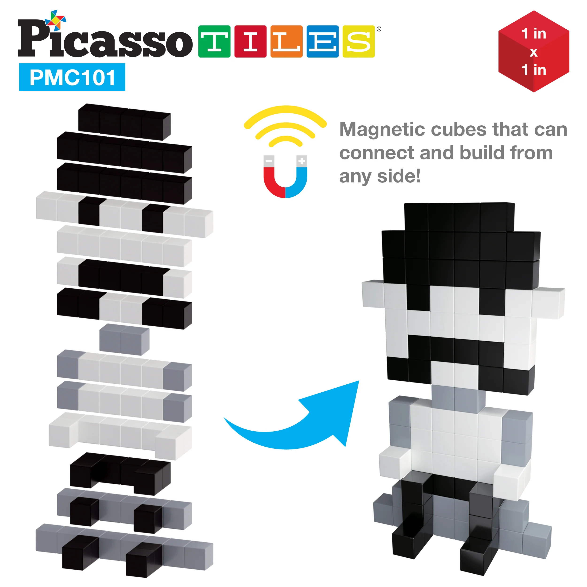 PicassoTiles 101pcs Magnetic Puzzle Cube Set - Black and White - Image 5