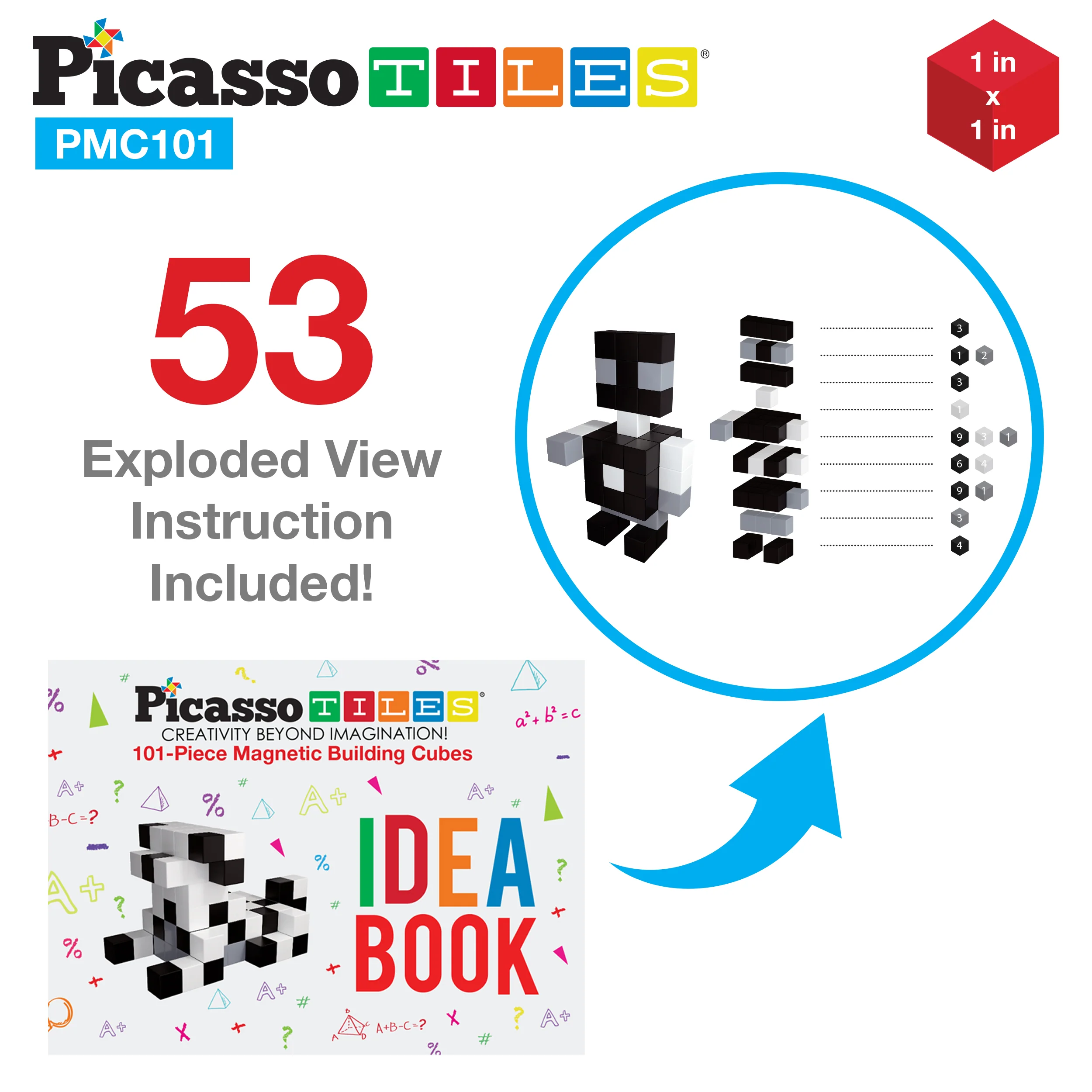 PicassoTiles 101pcs Magnetic Puzzle Cube Set - Black and White - Image 8
