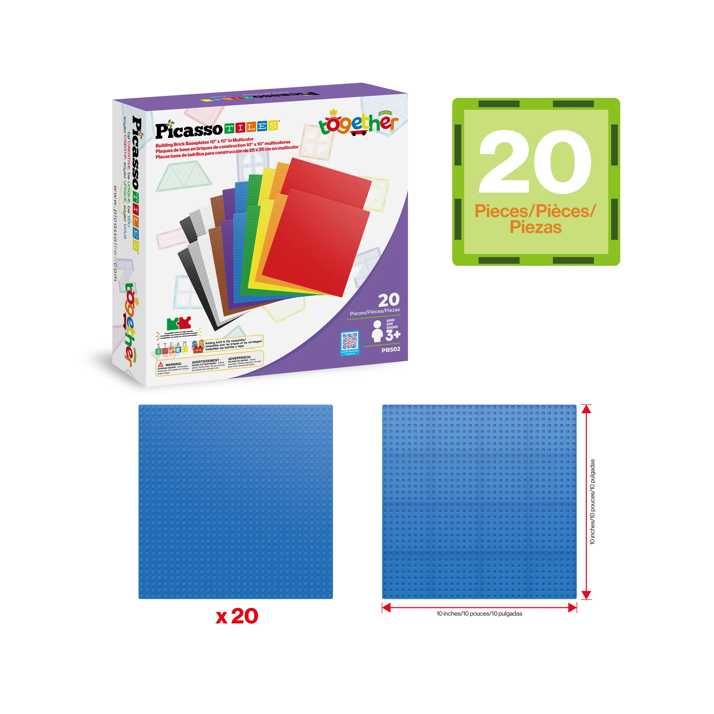 PicassoTiles 10"x10" Classic Multi Color Building Brick Plates - 20 Pack - Image 3