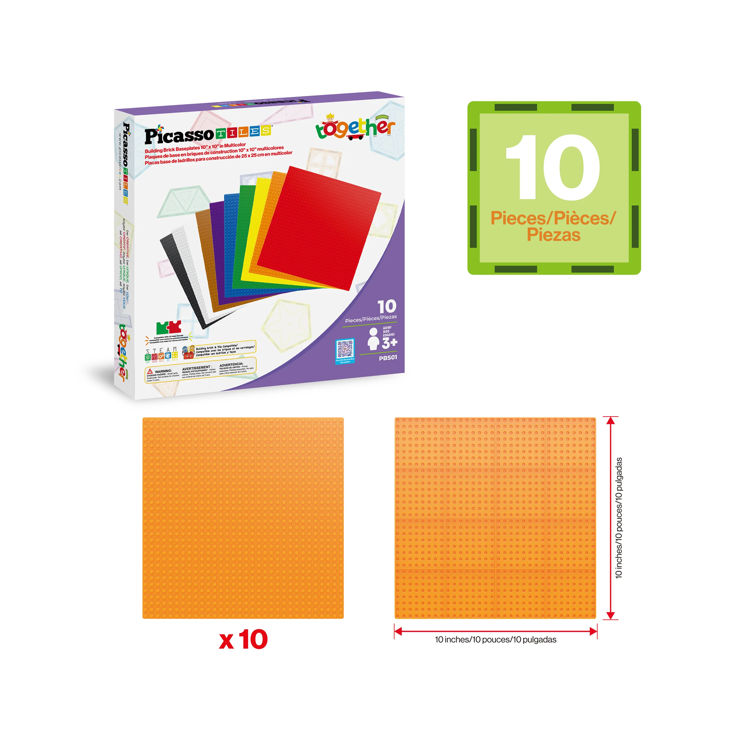 PicassoTiles 10"x10" Classic Multi Color Building Brick Plates - 10 Pack - Image 3