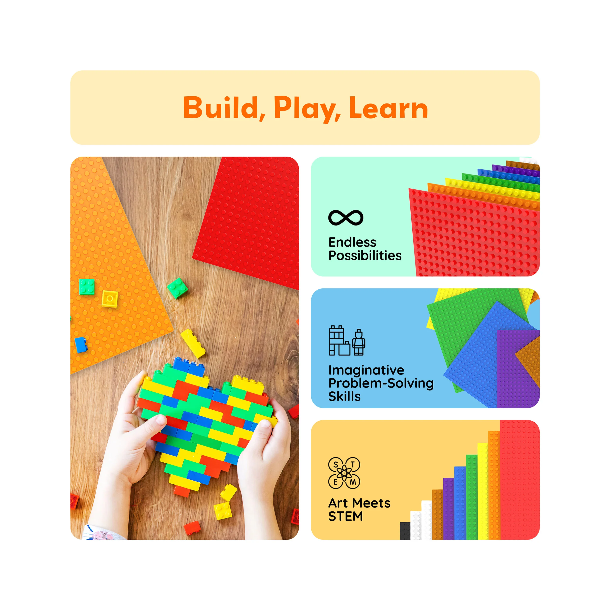 PicassoTiles 10"x10" Classic Multi Color Building Brick Plates - 10 Pack - Image 4