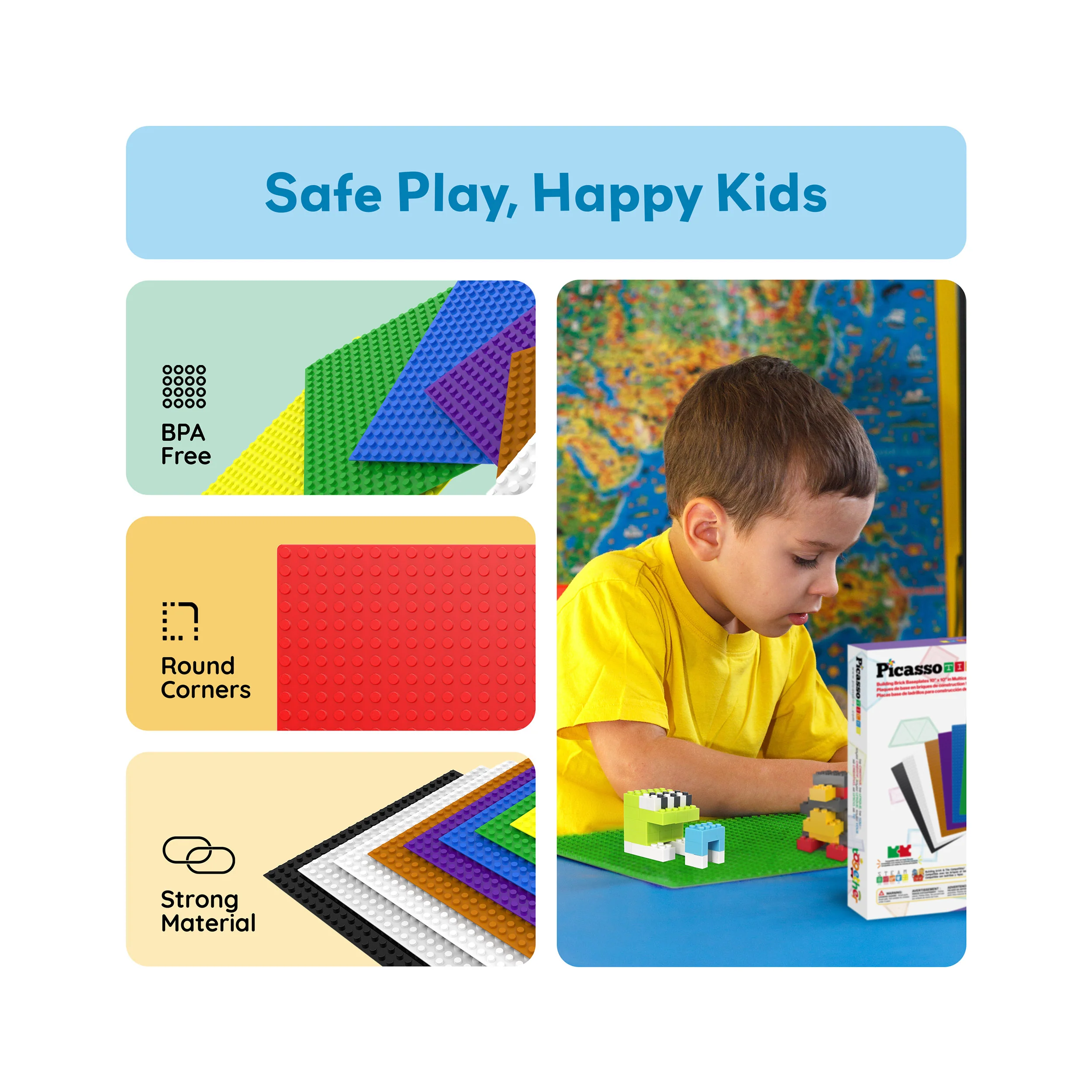 PicassoTiles 10"x10" Classic Multi Color Building Brick Plates - 10 Pack - Image 6