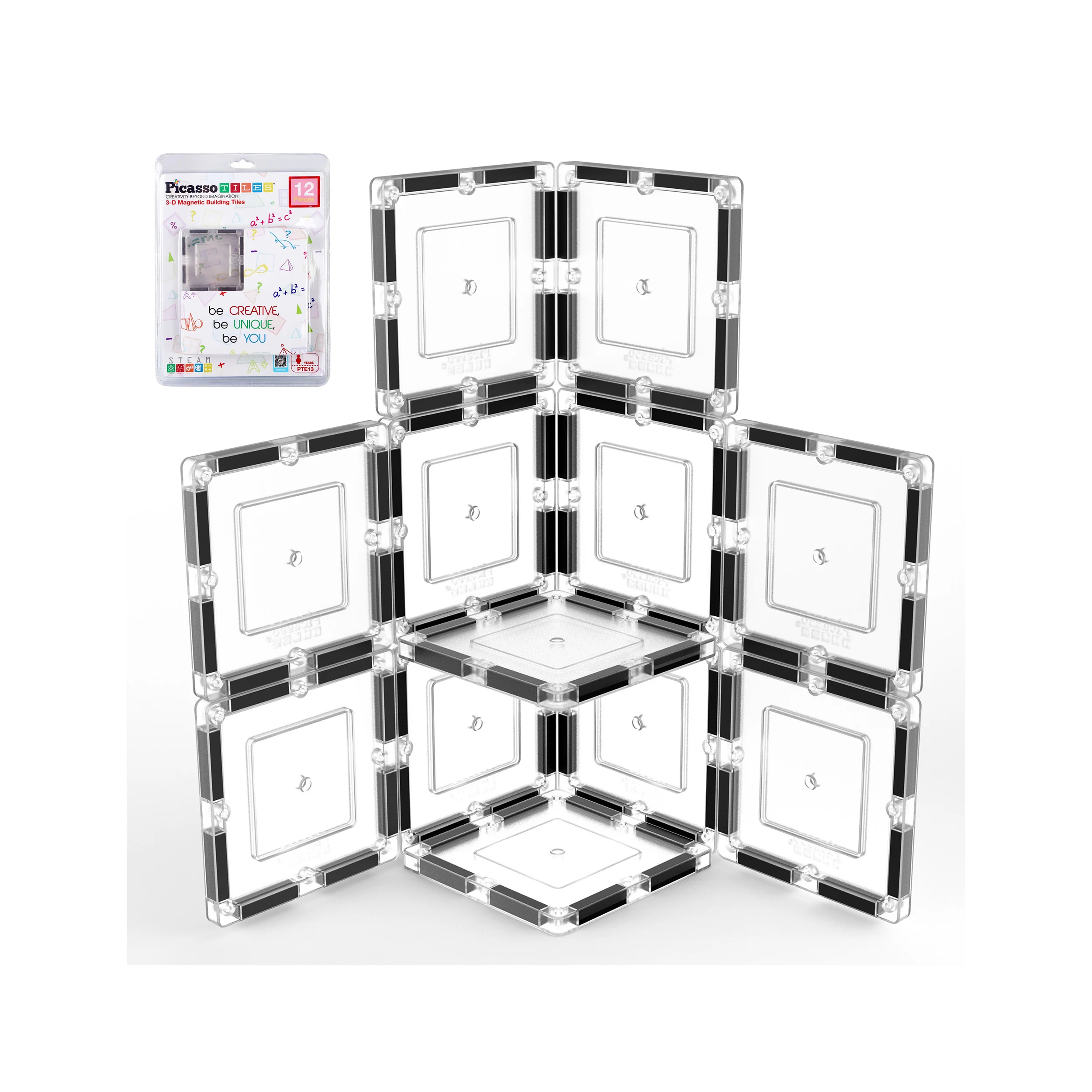 PicassoTiles Transparent Magnetic Tiles Expansion Set (12 Pieces)