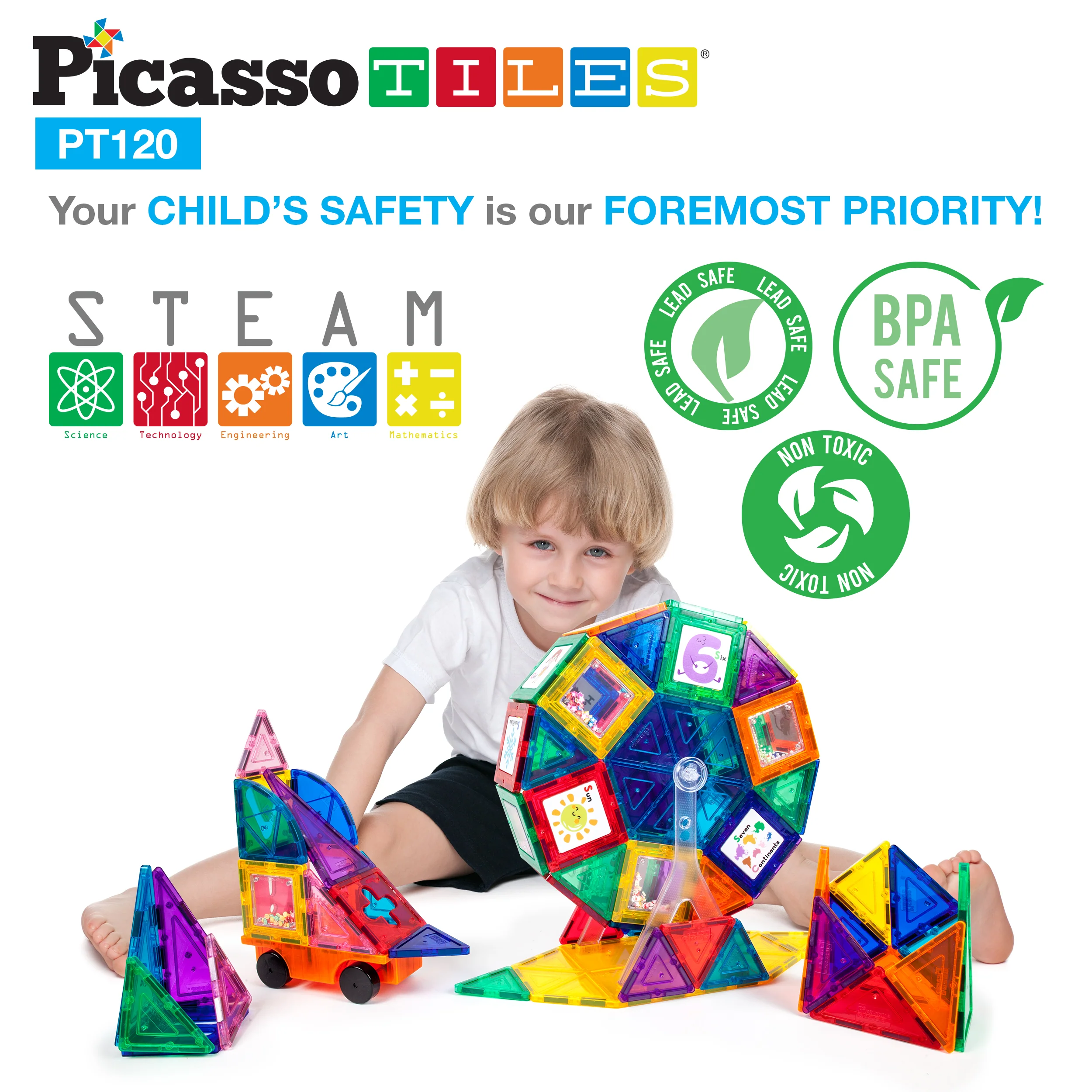 PicassoTiles Amusement Magnetic Tile Building Set (120 Pieces) - Image 6