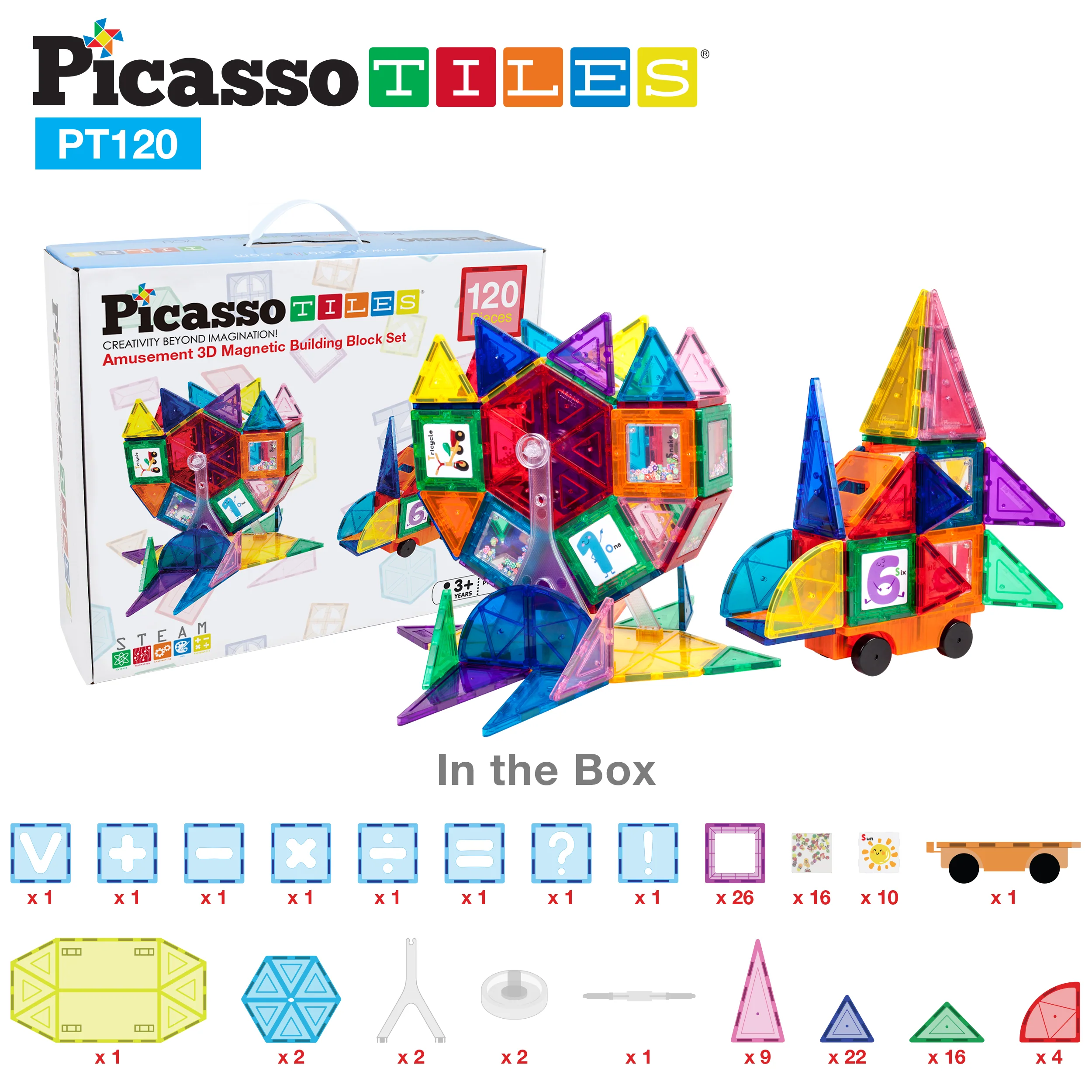 PicassoTiles Amusement Magnetic Tile Building Set (120 Pieces) - Image 8
