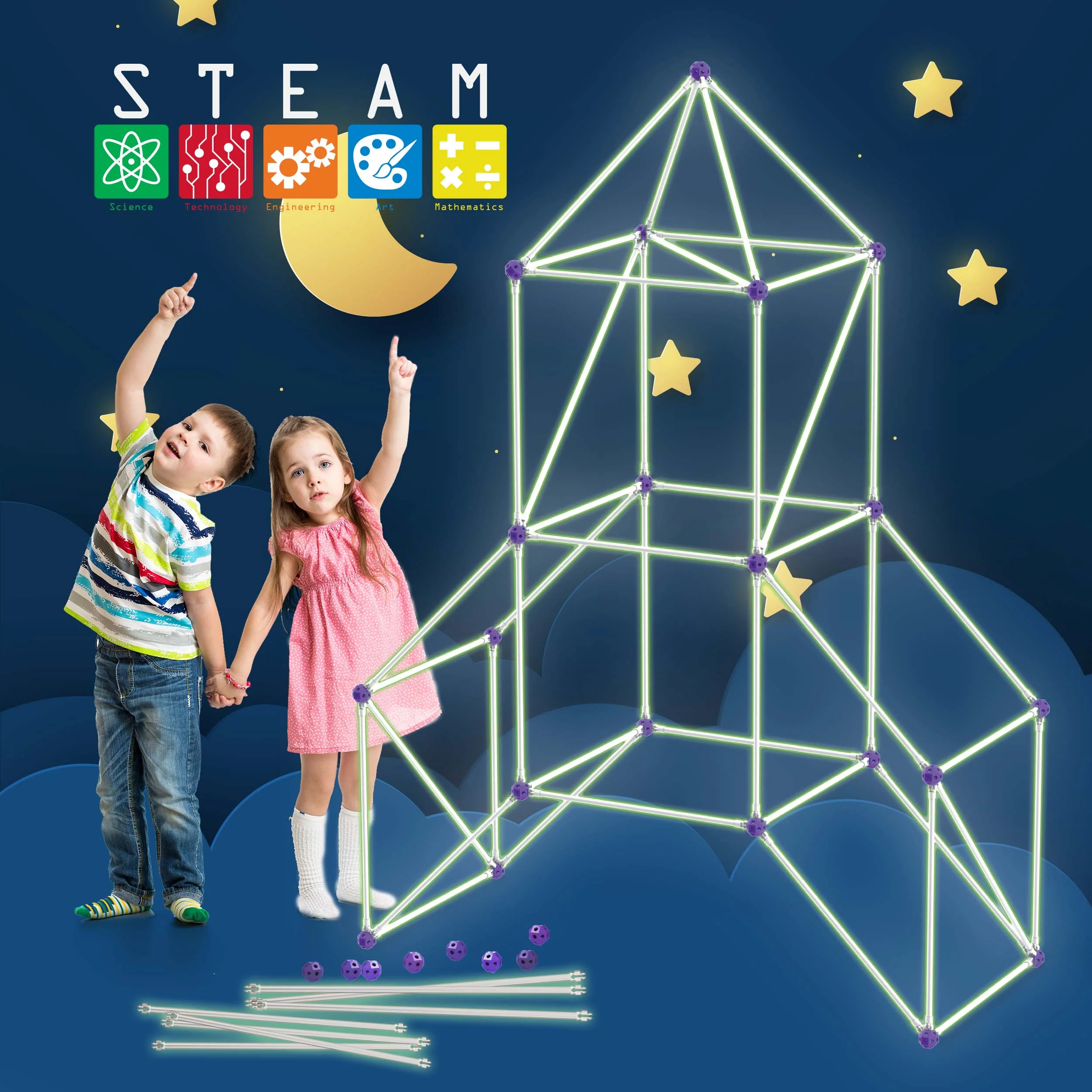 PicassoTiles 125 Piece Fort Building Kit Glow in Dark - Image 4
