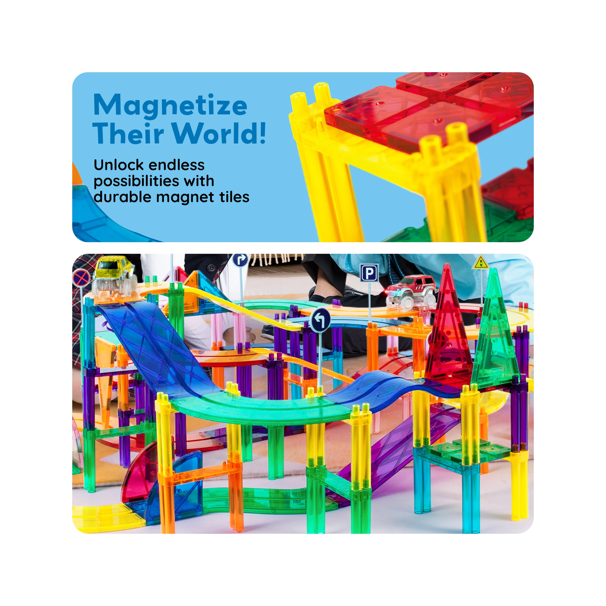 PicassoTiles 128pc Magnetic Tiles LED Car Track Set - Image 6