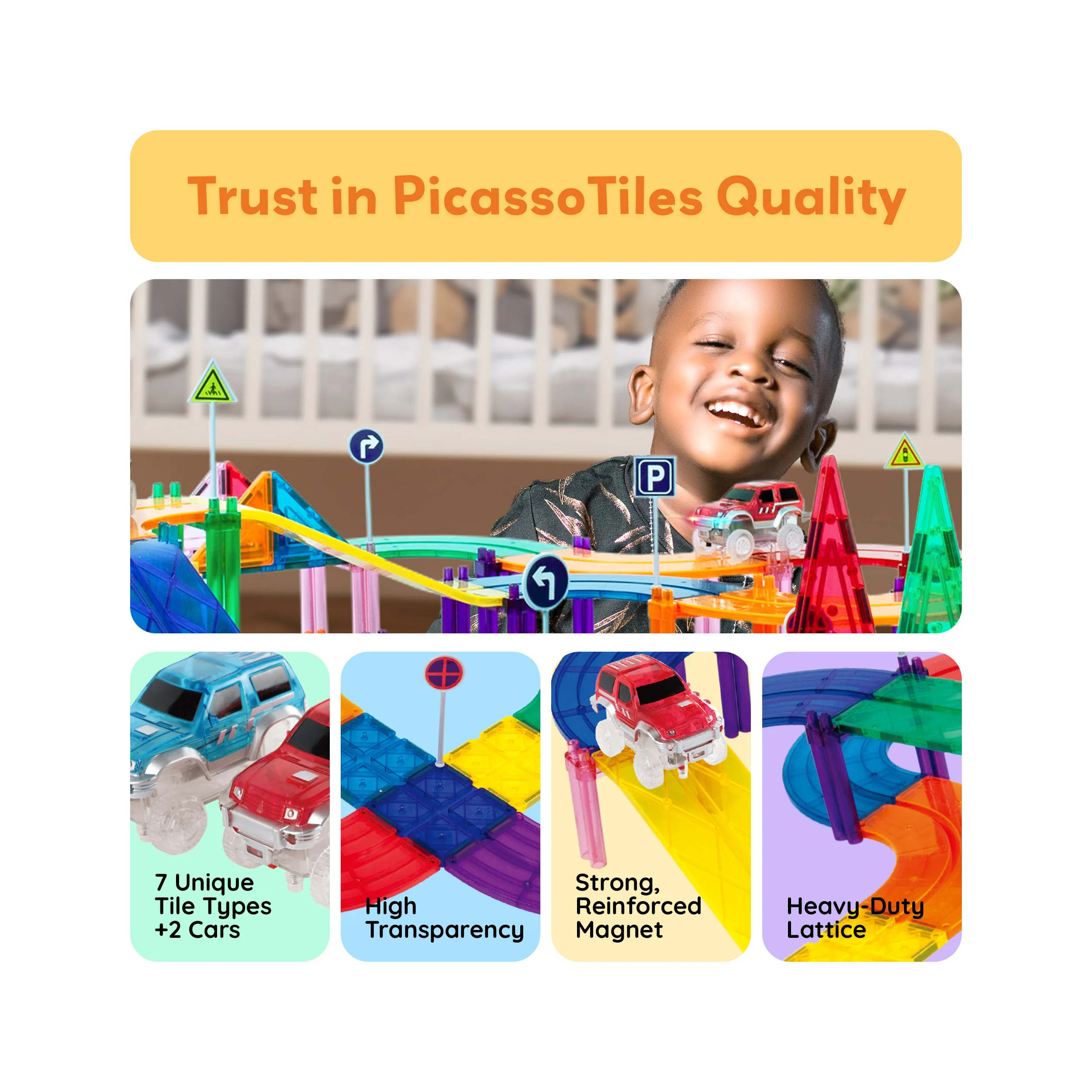 PicassoTiles 128pc Magnetic Tiles LED Car Track Set - Image 7