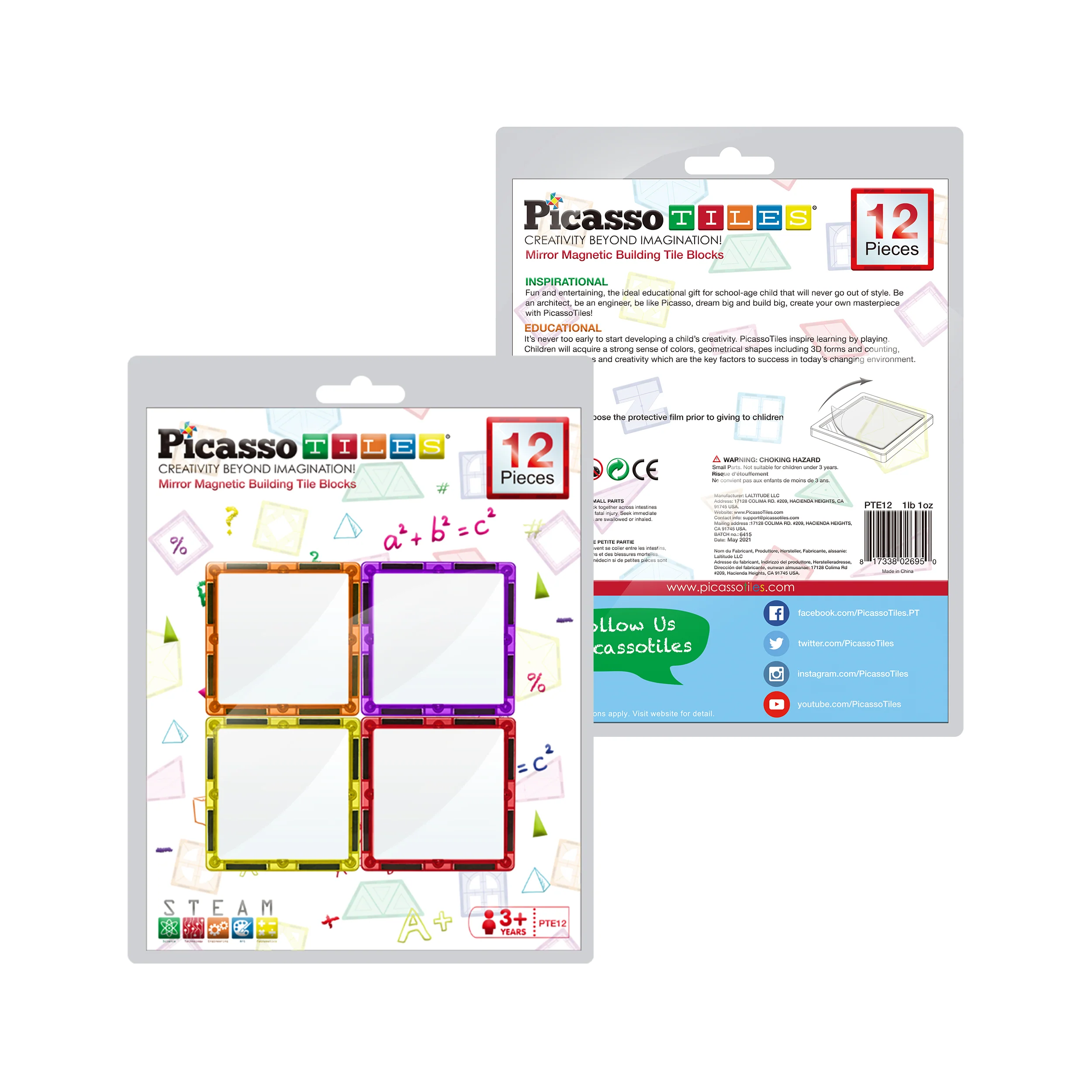 PicassoTiles Mirror Magnetic Tiles Set (12 Pieces)