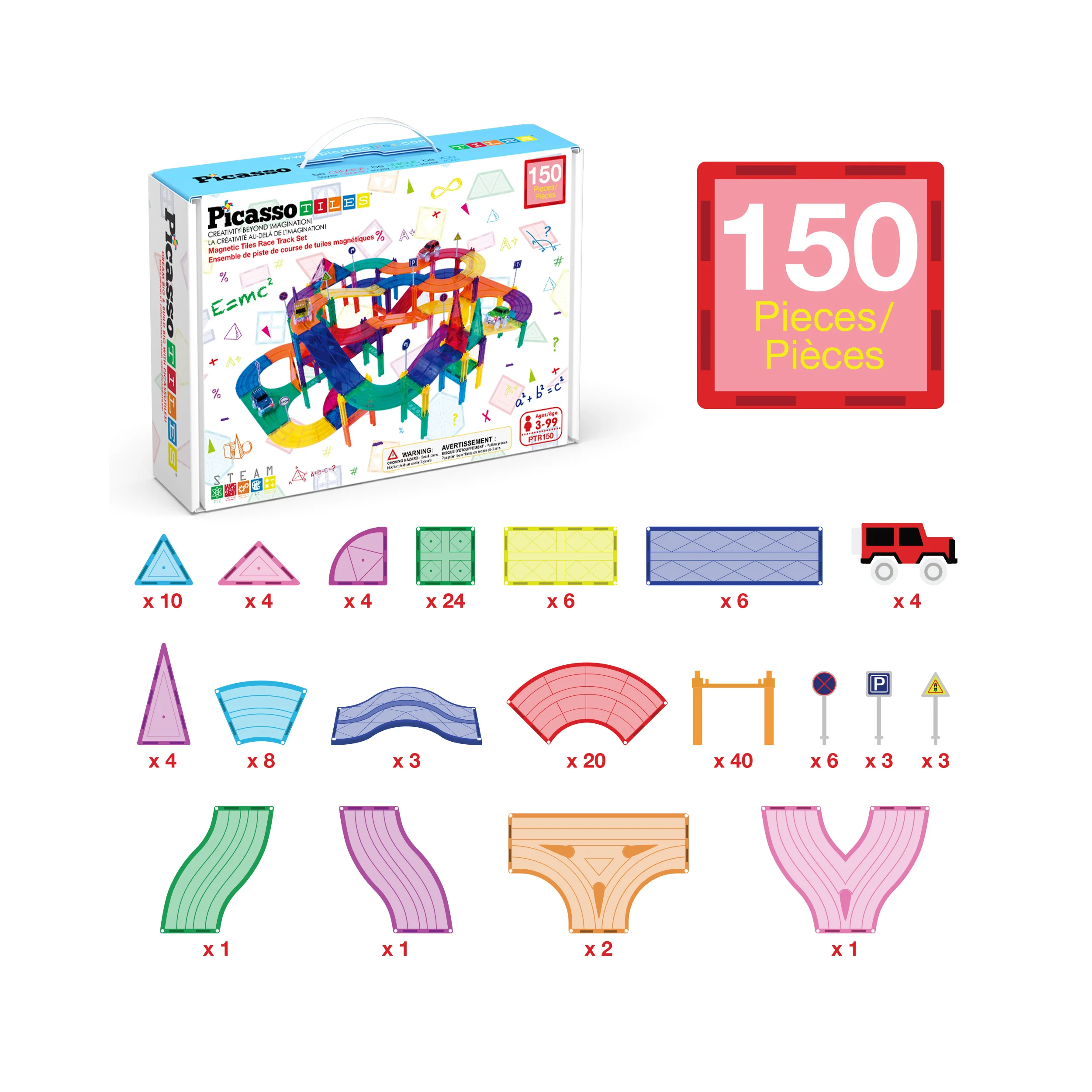 PicassoTiles Magnetic Tile Race Track Set (150 Pieces) with 4 LED Cars - Image 3