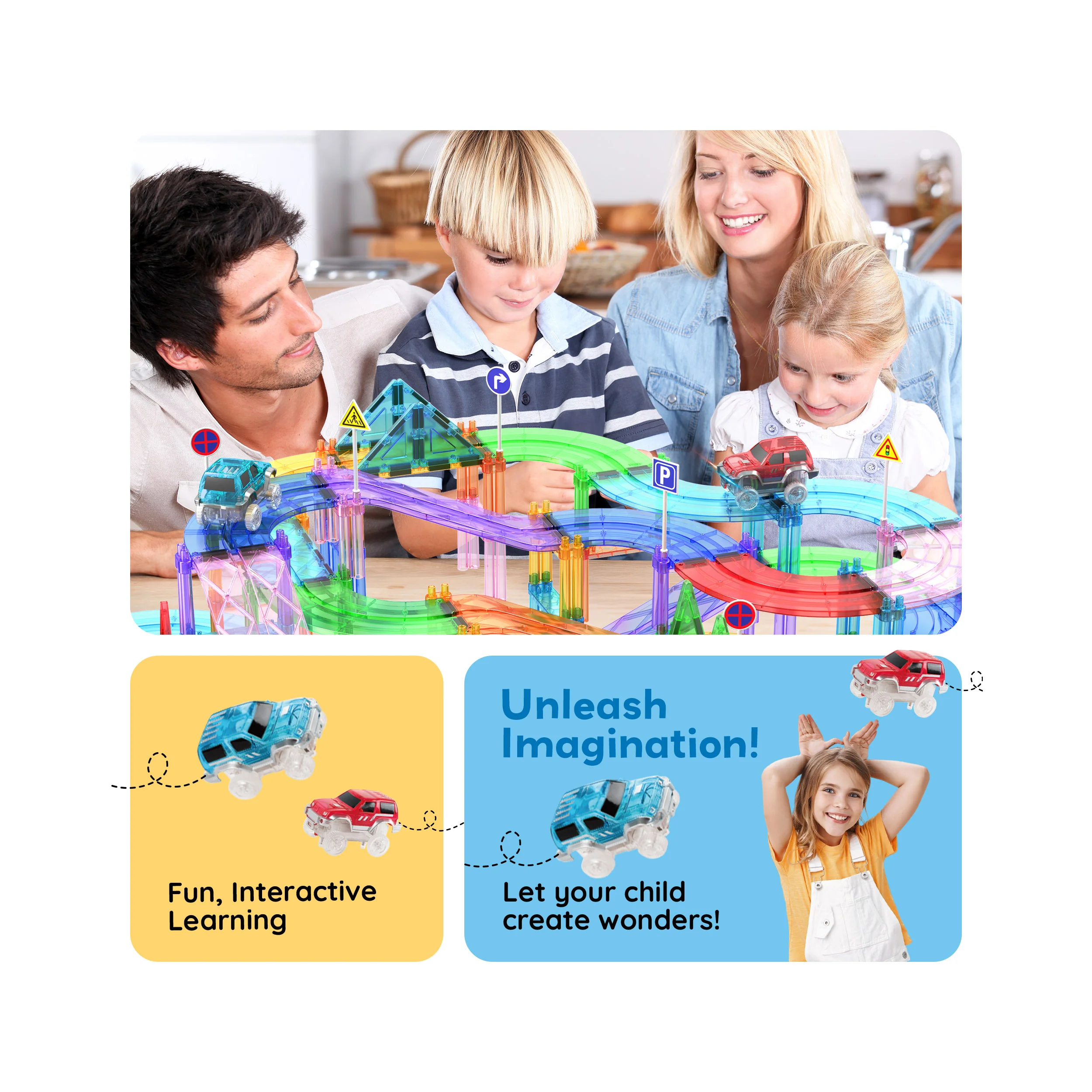 PicassoTiles Magnetic Tile Race Track Set (150 Pieces) with 4 LED Cars - Image 5