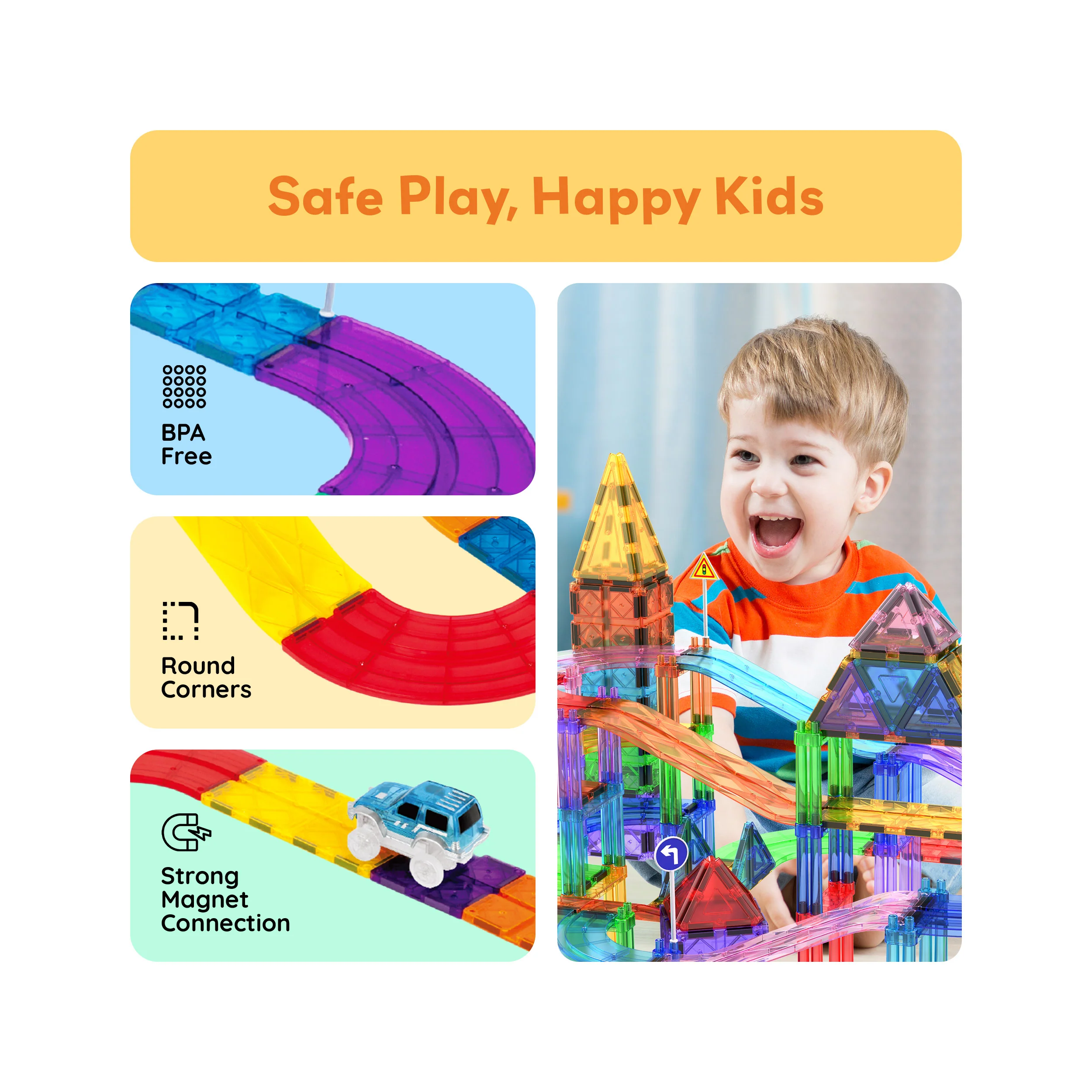 PicassoTiles Magnetic Tile Race Track Set (150 Pieces) with 4 LED Cars - Image 6
