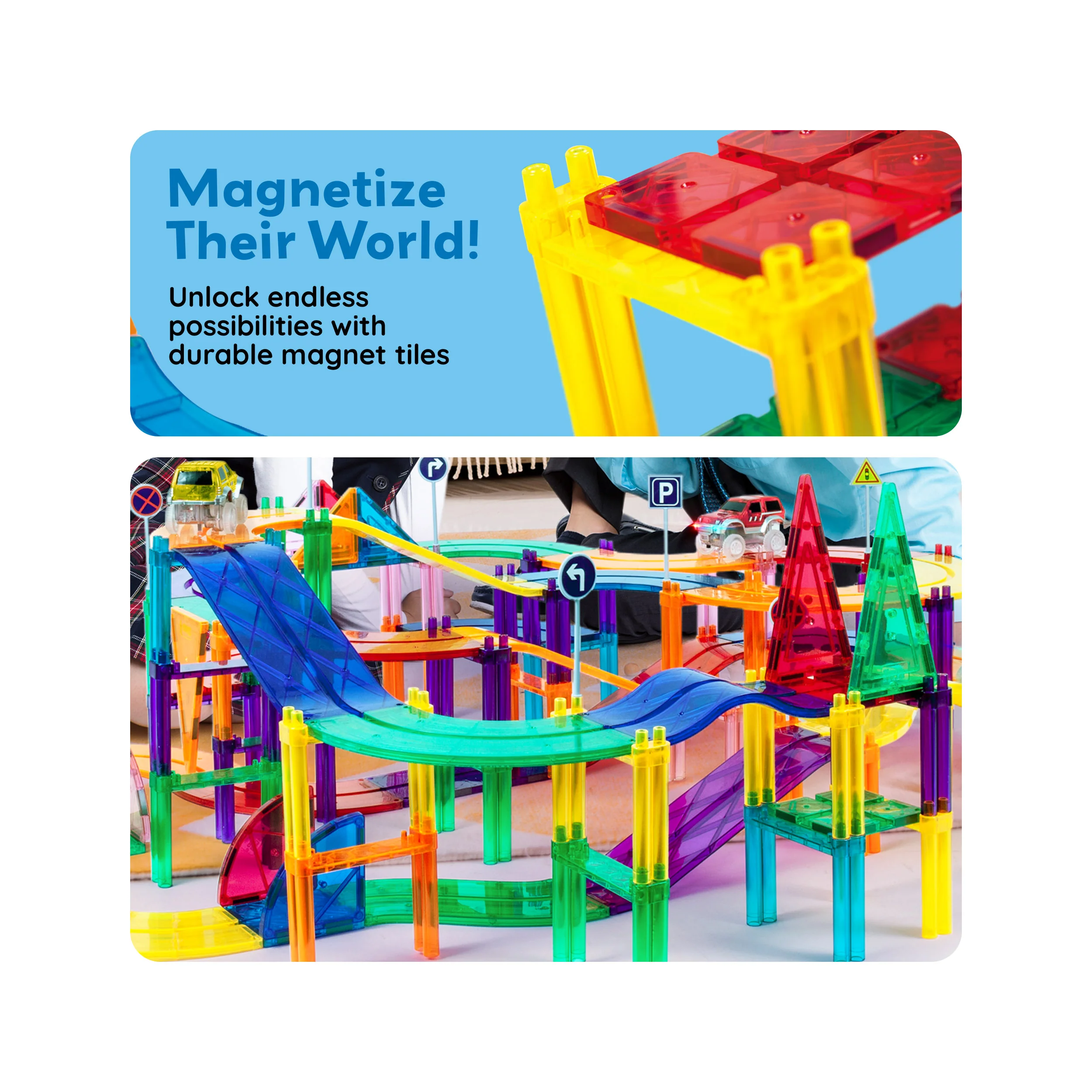 PicassoTiles Magnetic Tile Race Track Set (150 Pieces) with 4 LED Cars - Image 7