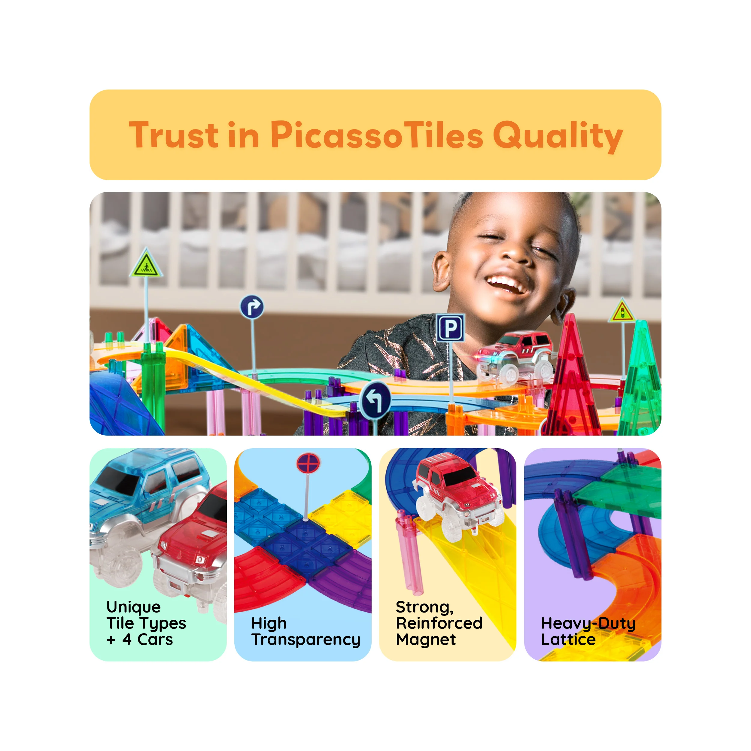 PicassoTiles Magnetic Tile Race Track Set (150 Pieces) with 4 LED Cars - Image 8