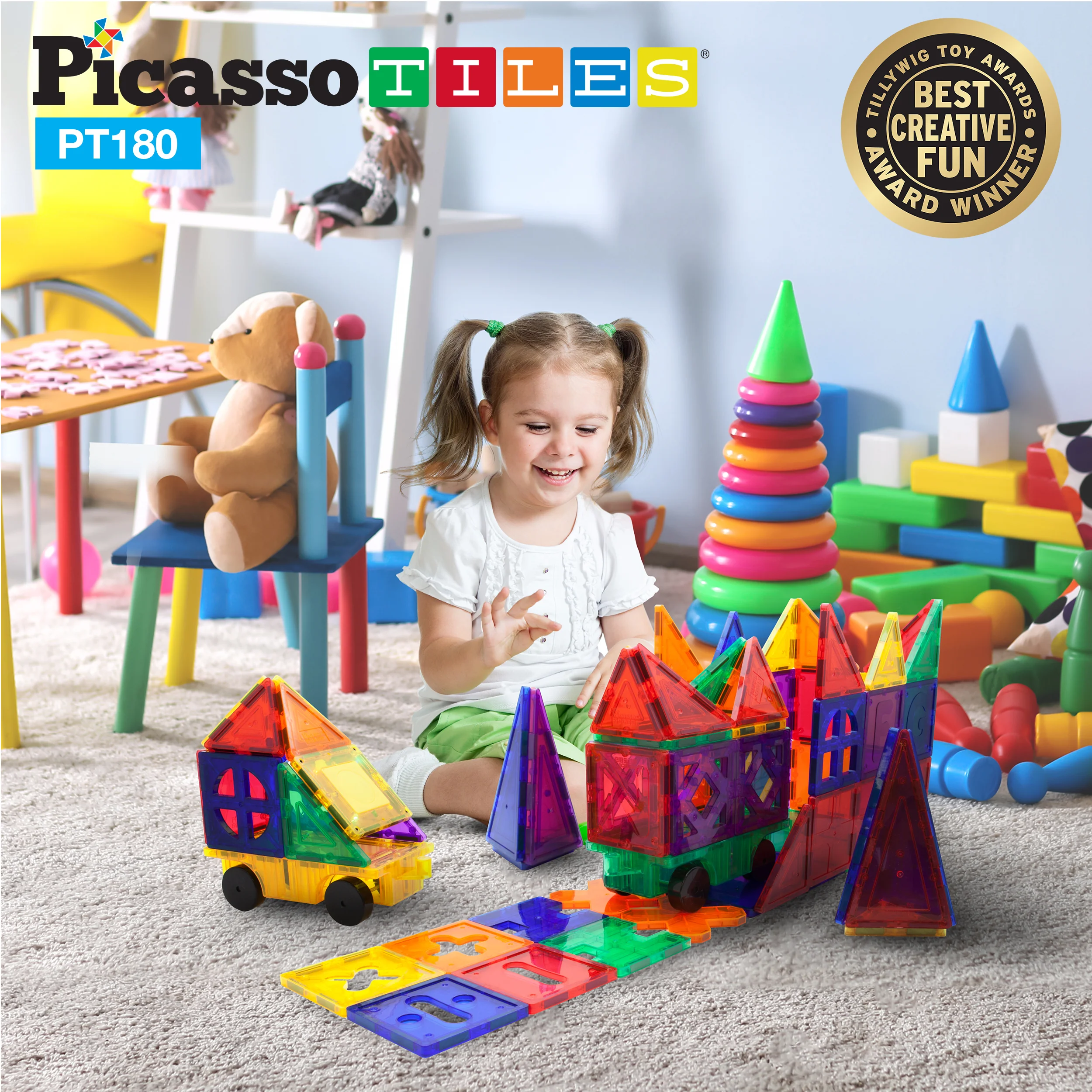 PicassoTiles 180pc Deluxe Magnetic Tile Building Set with Cars (180 Pieces) - Image 3