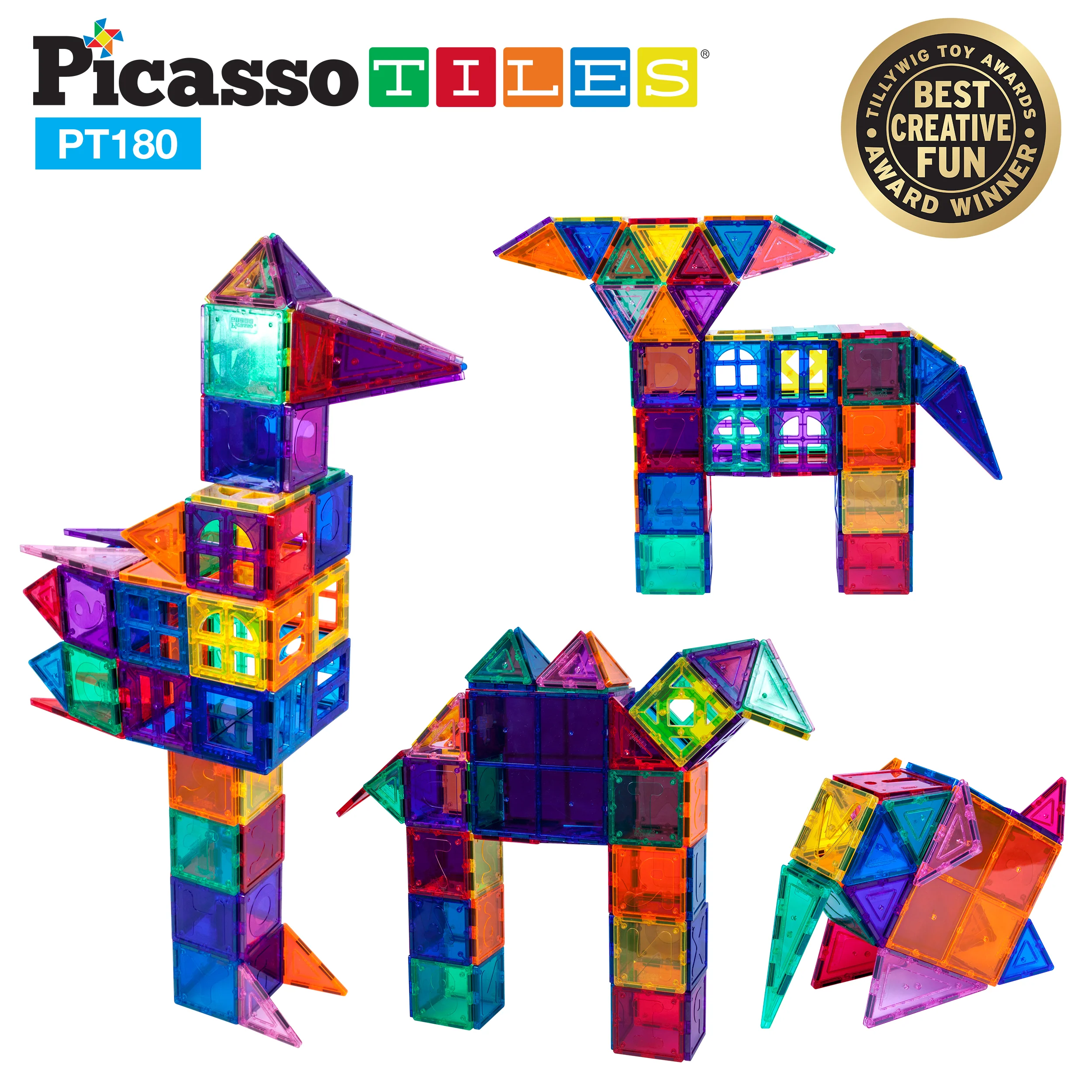 PicassoTiles 180pc Deluxe Magnetic Tile Building Set with Cars (180 Pieces) - Image 5
