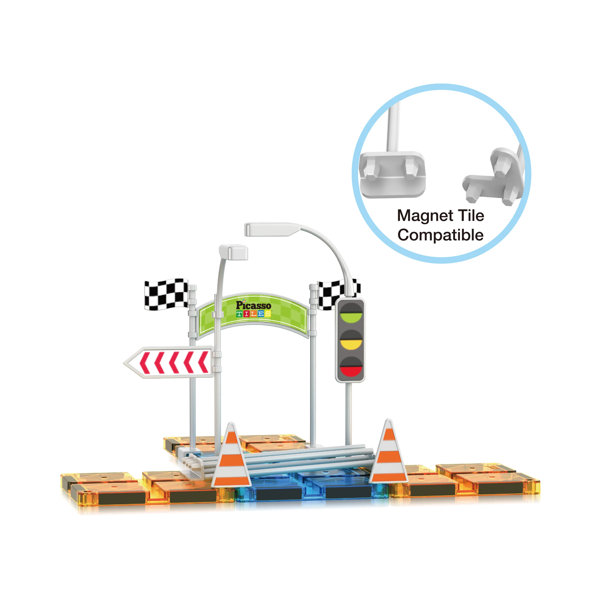 PicassoTiles Magnet Tile Race Track Traffic Sign Accessory 18pc Kit