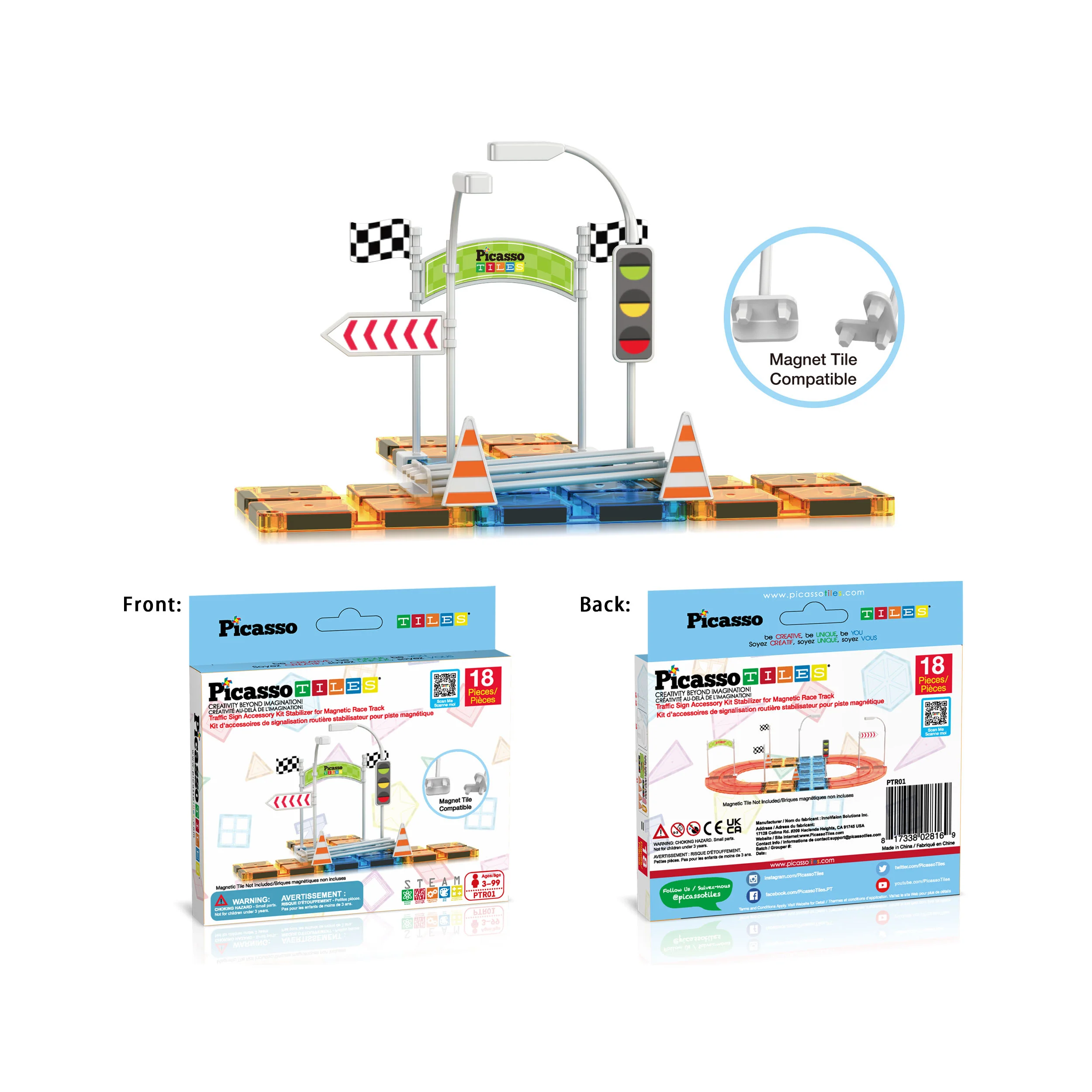 PicassoTiles Magnet Tile Race Track Traffic Sign Accessory 18pc Kit - Image 7