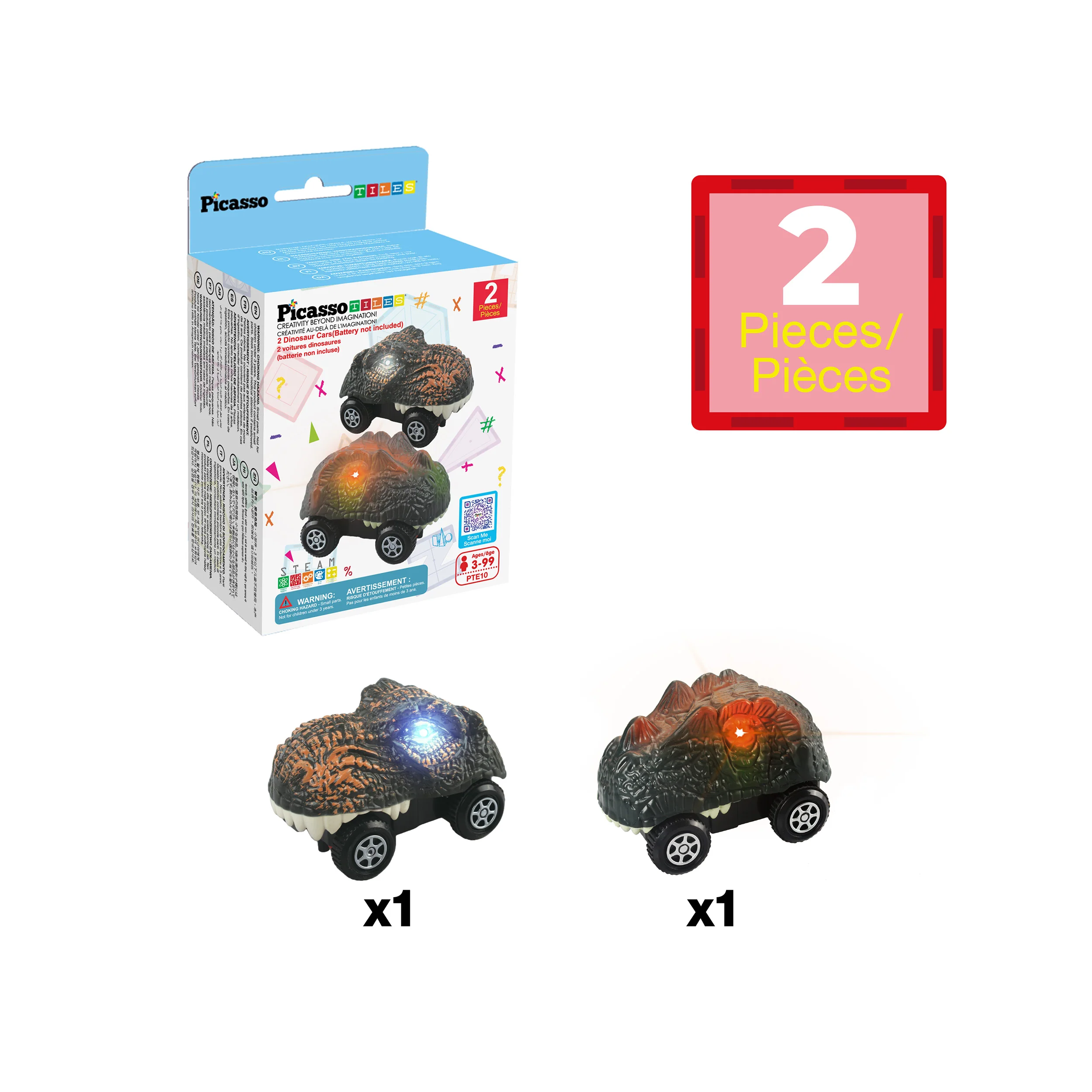 PicassoTiles Dinosaur Toy Car (2 Pack) with Light Up Eyes - Image 3