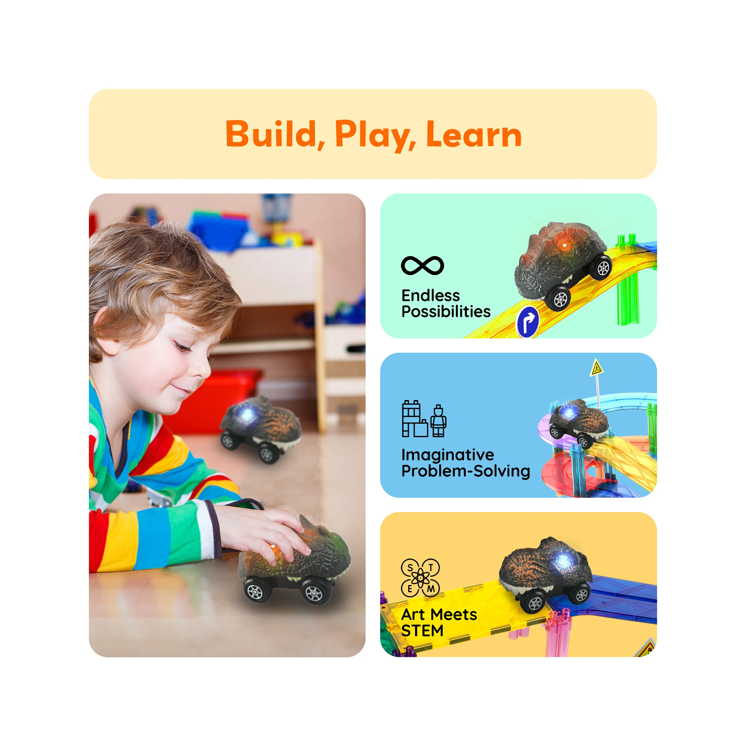 PicassoTiles Dinosaur Toy Car (2 Pack) with Light Up Eyes - Image 4