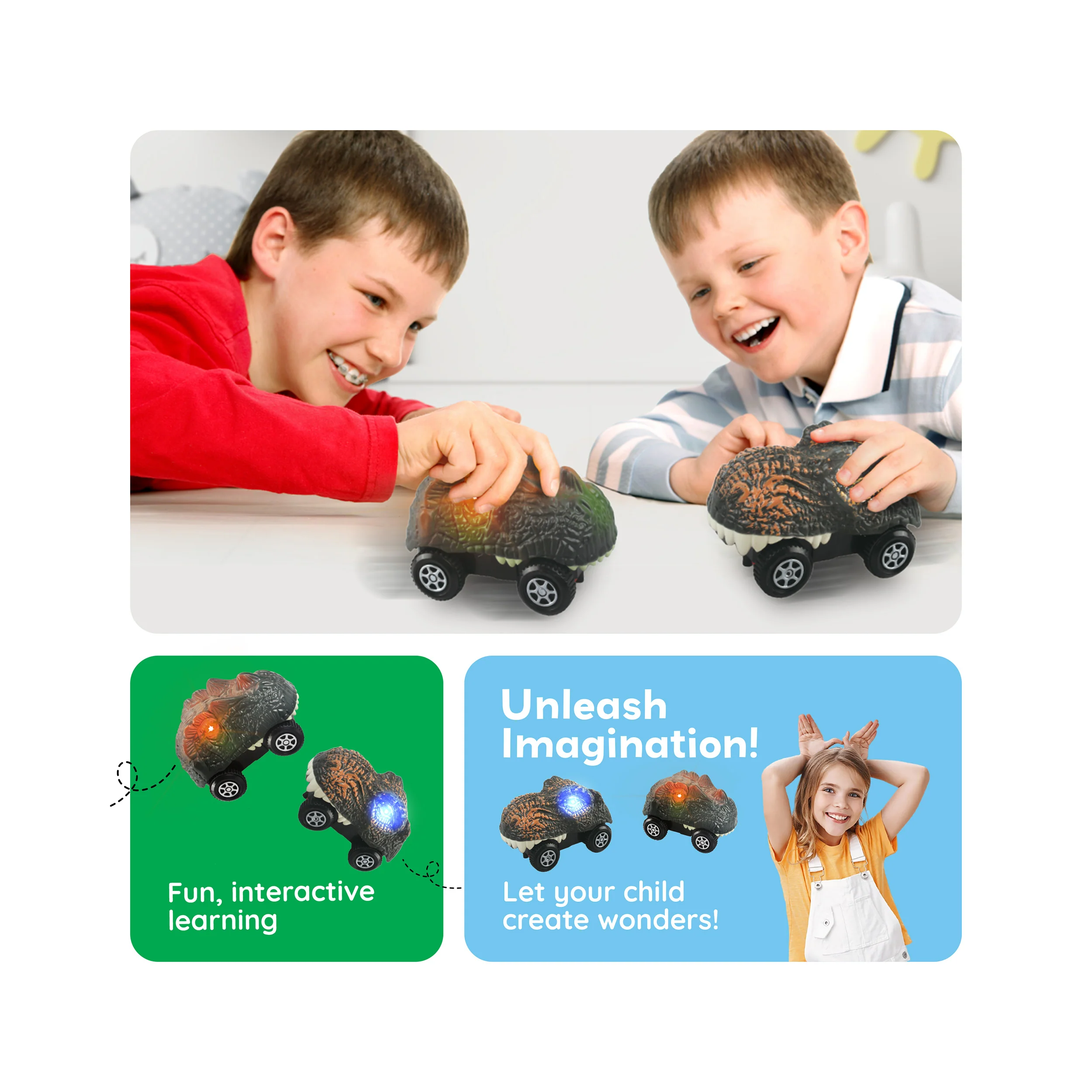 PicassoTiles Dinosaur Toy Car (2 Pack) with Light Up Eyes - Image 5