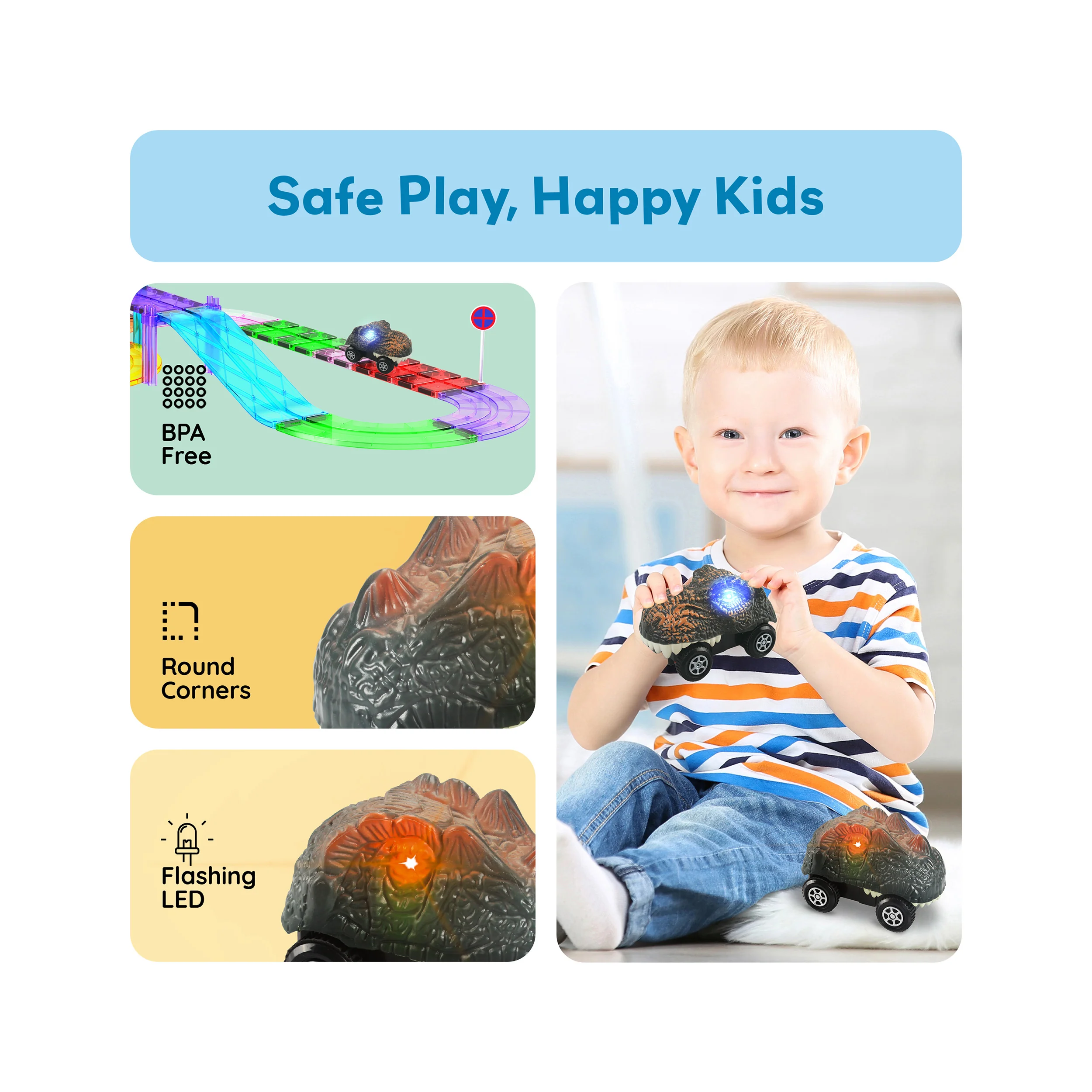 PicassoTiles Dinosaur Toy Car (2 Pack) with Light Up Eyes - Image 6