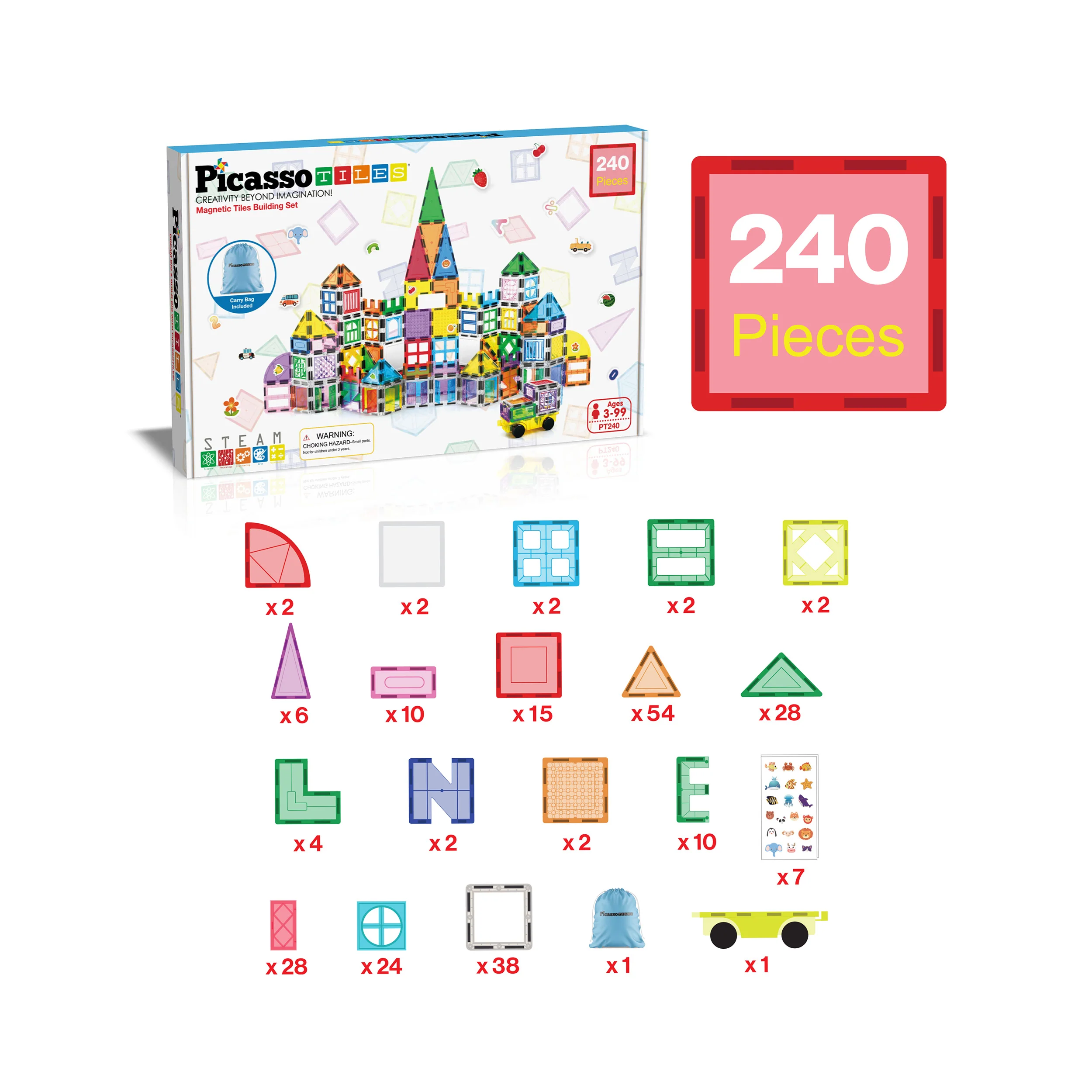 PicassoTiles Magnetic Tile Set with Stickers & Car Base (240 Pieces) - Image 3