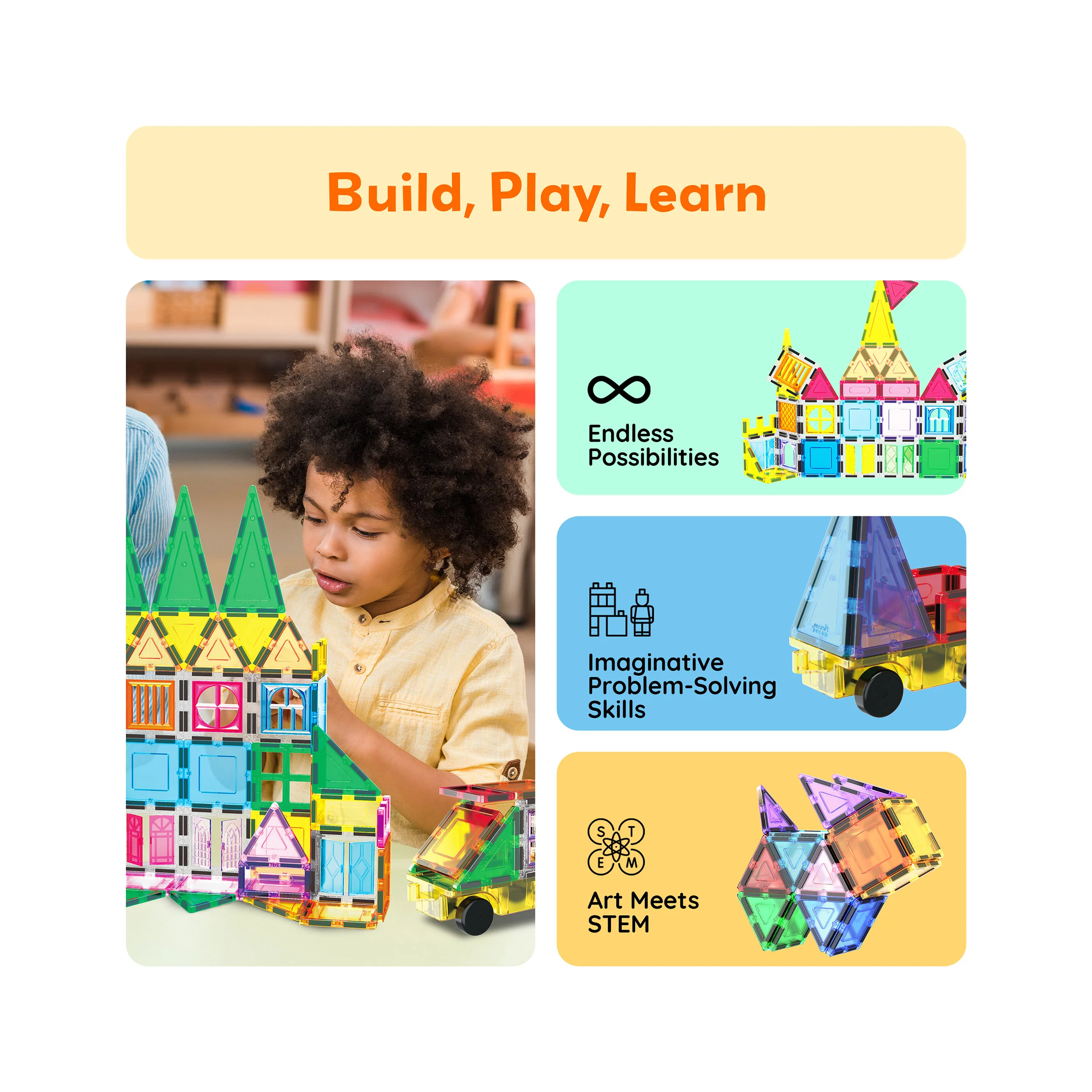 PicassoTiles Magnetic Tile Set with Stickers & Car Base (240 Pieces) - Image 4