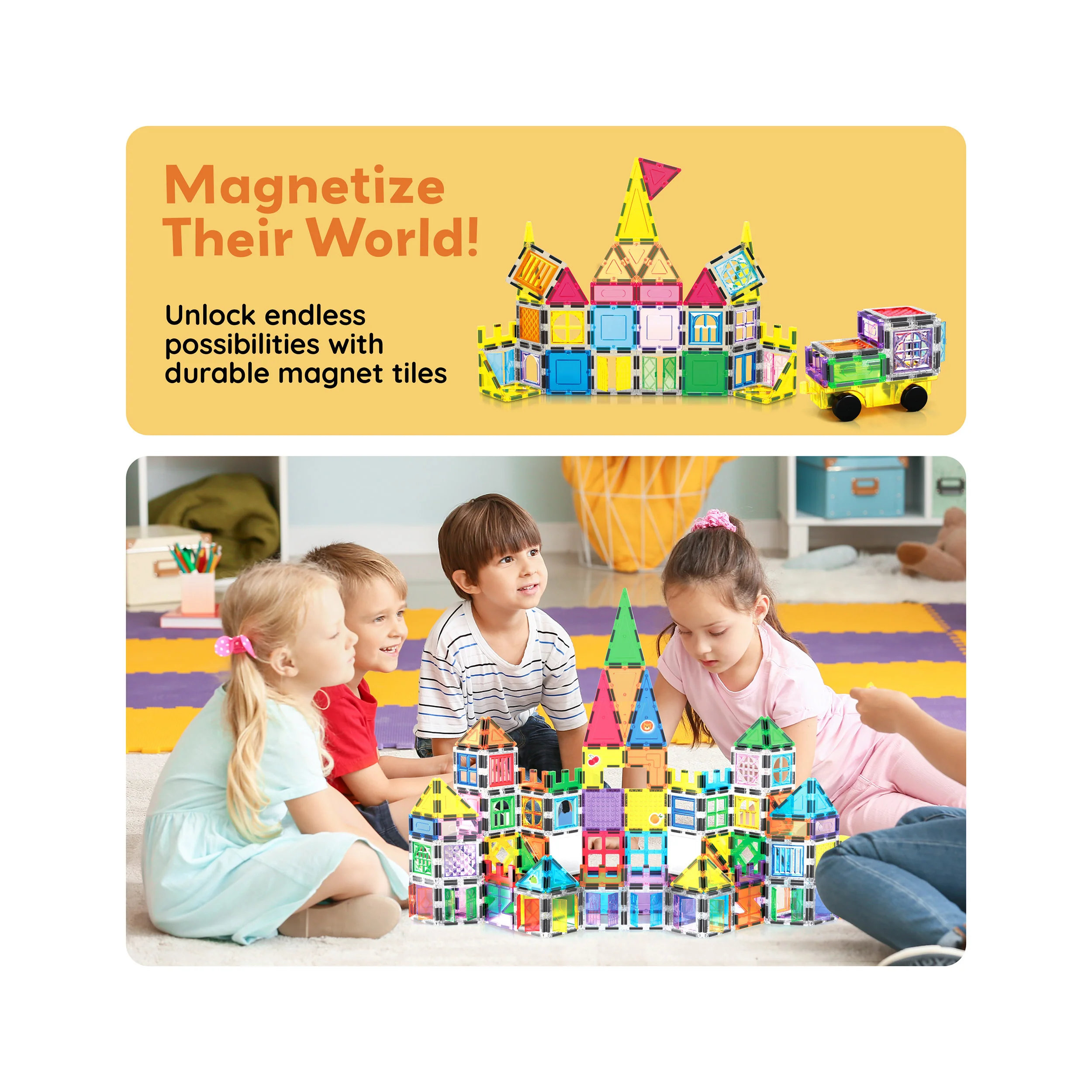 PicassoTiles Magnetic Tile Set with Stickers & Car Base (240 Pieces) - Image 7