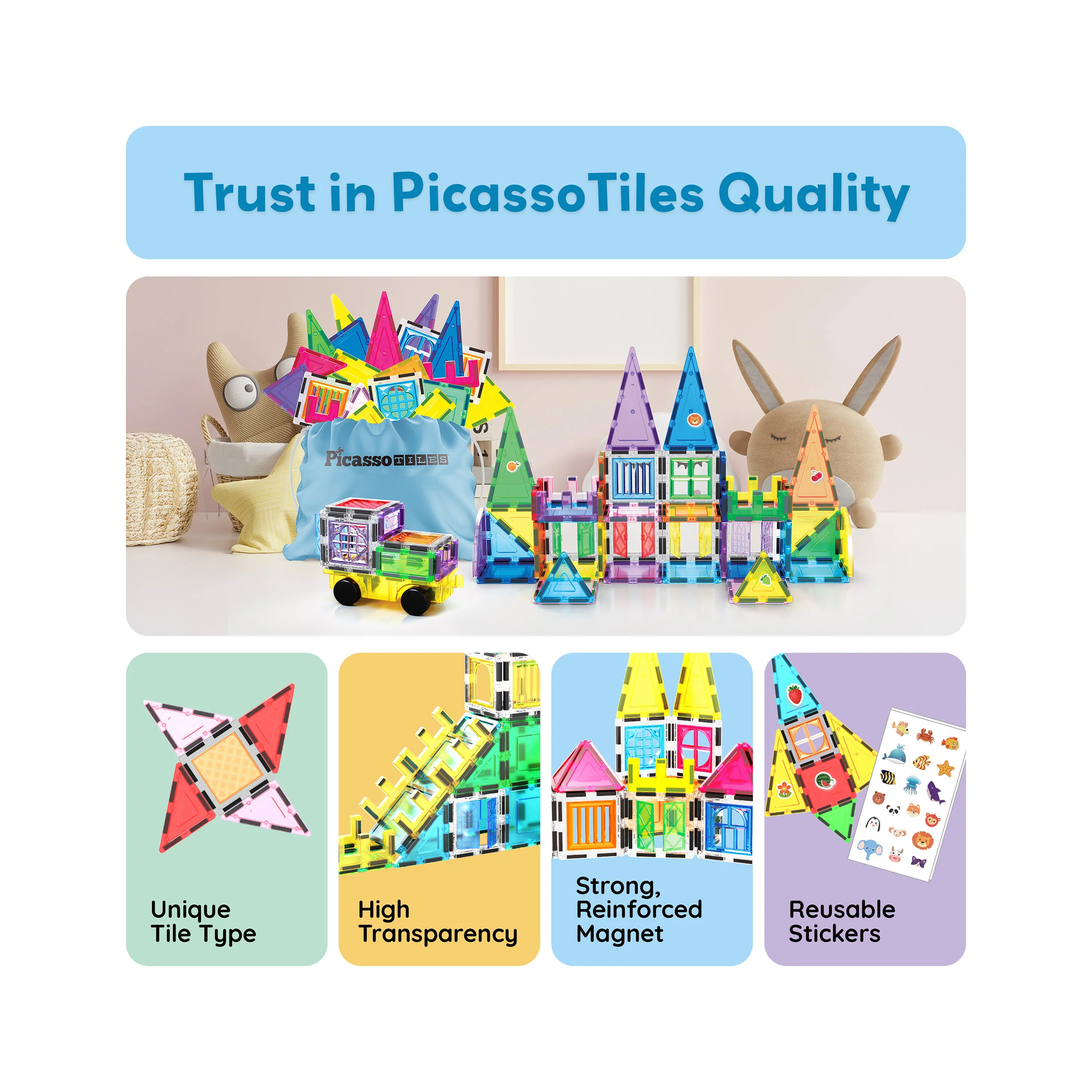 PicassoTiles Magnetic Tile Set with Stickers & Car Base (240 Pieces) - Image 8