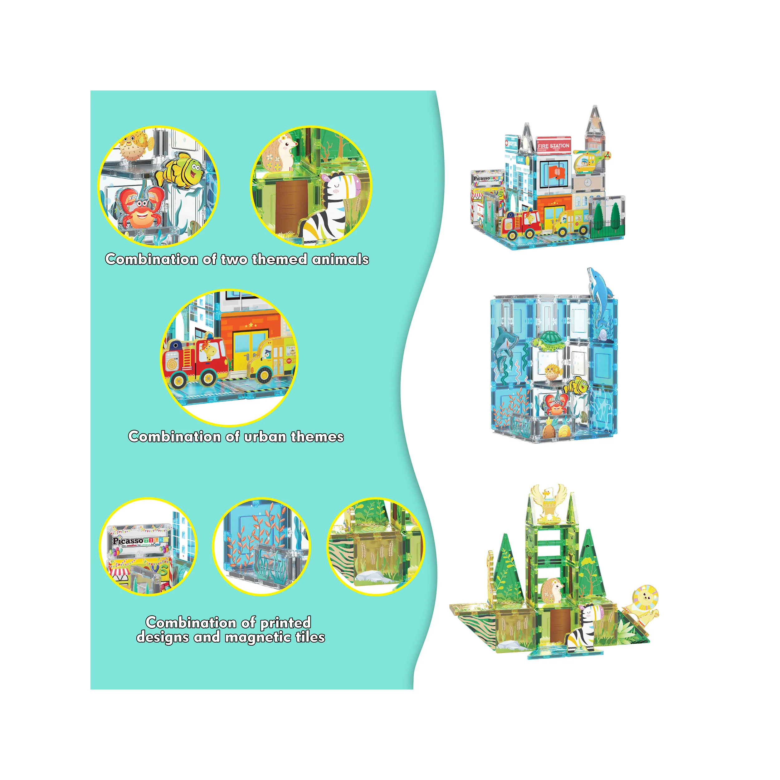 PicassoTiles 3-in-1 Magnetic Tiles Aquarium, Safari, and Metro Set -150 Pieces - Image 5