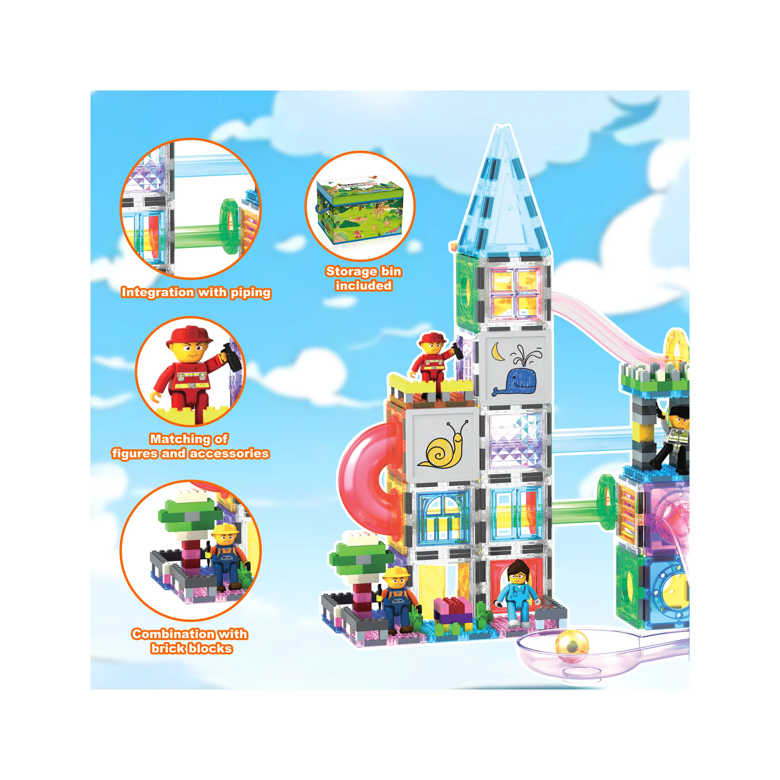 PicassoTiles 3-in-1 Marble Run, Magnetic Tiles, and Interlocking Bricks Set with Storage Bin - 650 Pieces - Image 3
