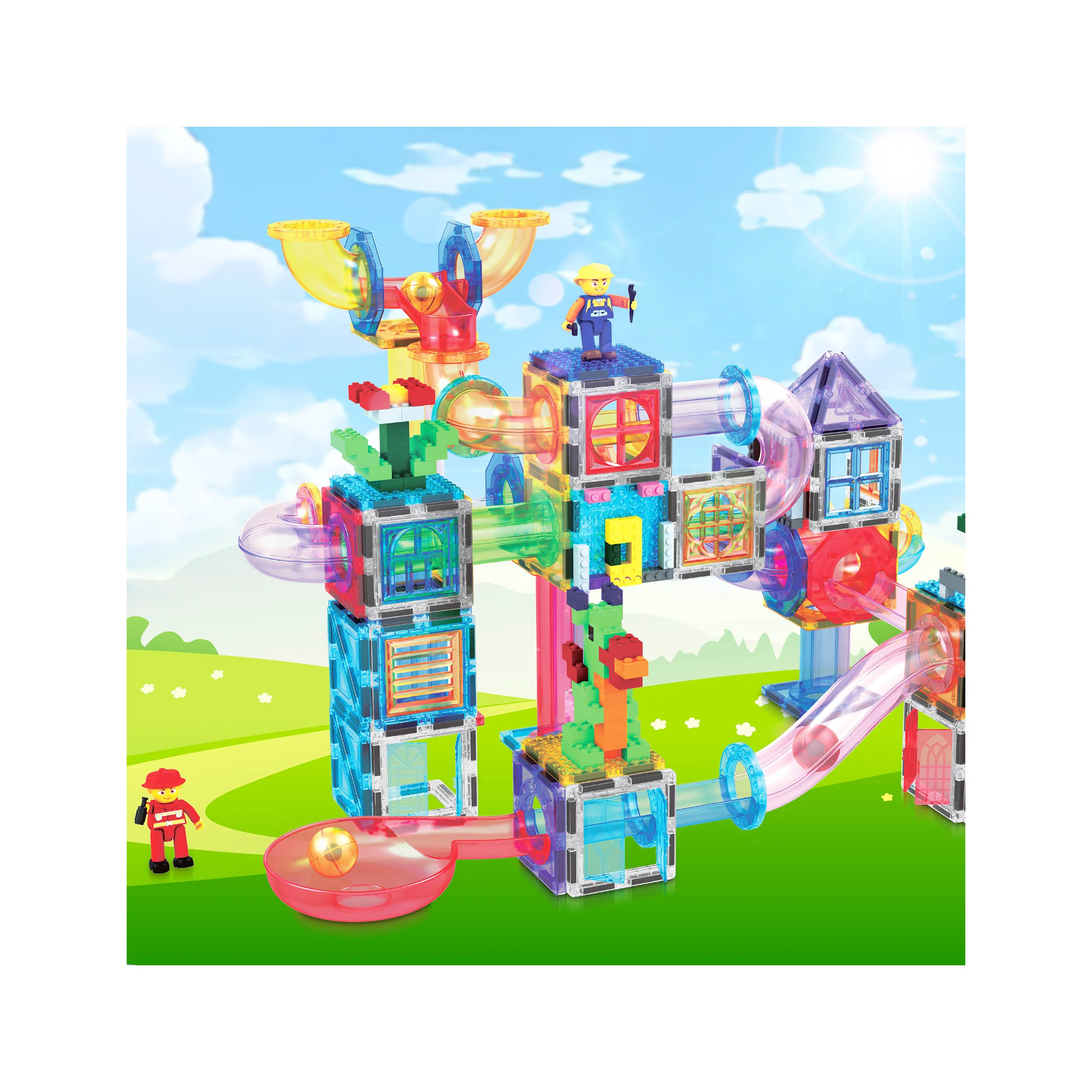 PicassoTiles 3-in-1 Marble Run, Magnetic Tiles, and Interlocking Bricks Set with Storage Bin - 650 Pieces - Image 4