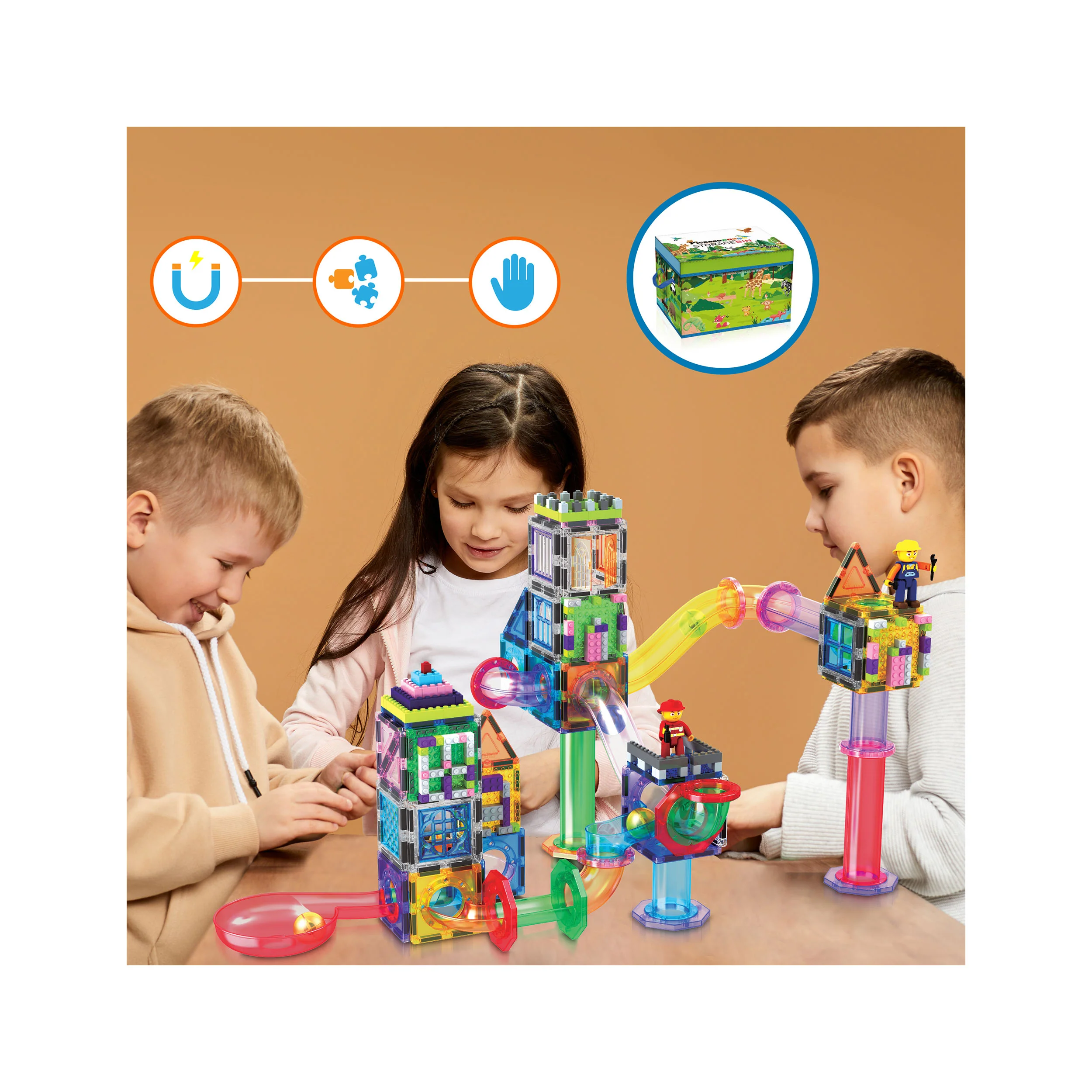 PicassoTiles 3-in-1 Marble Run, Magnetic Tiles, and Interlocking Bricks Set with Storage Bin - 650 Pieces - Image 5