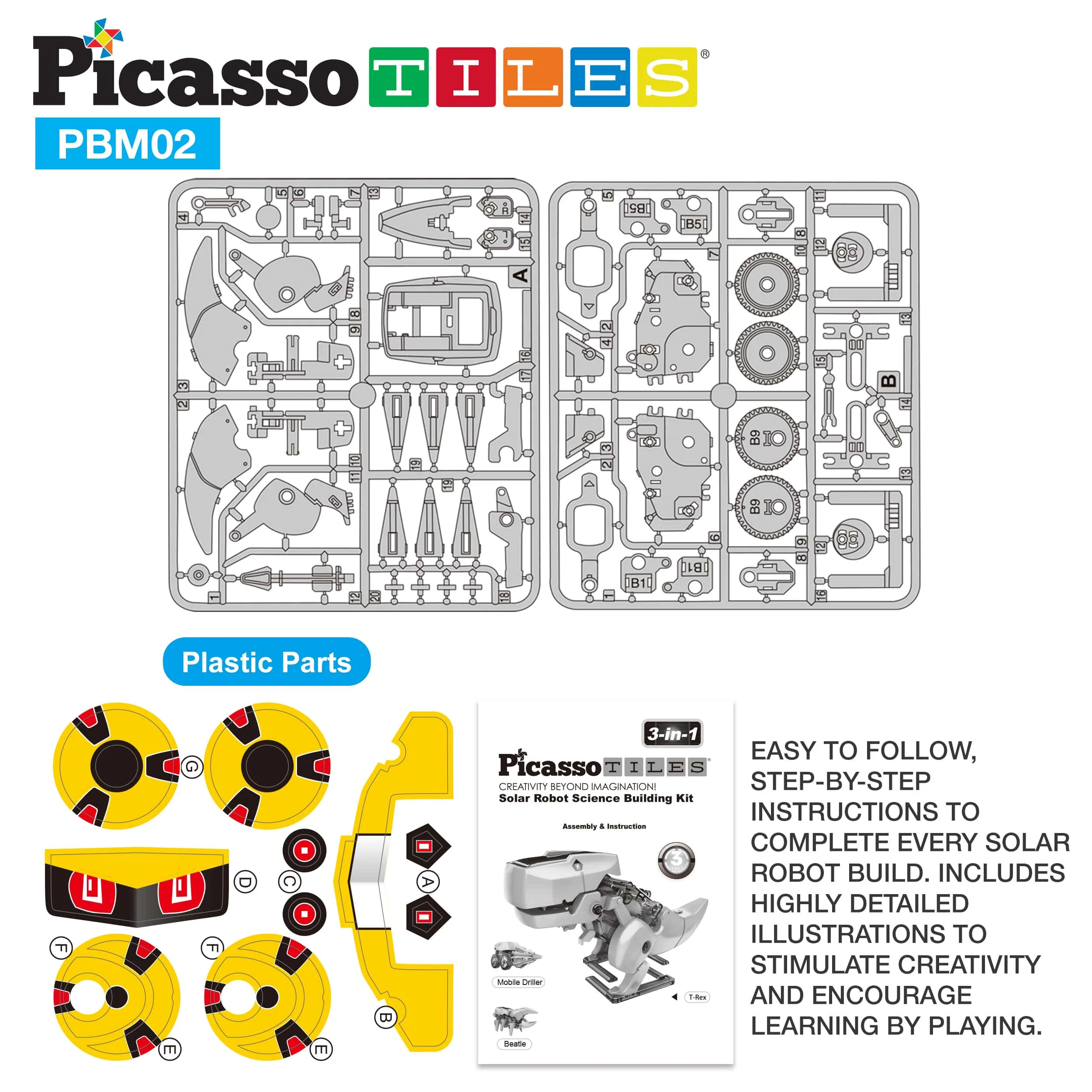 PicassoTiles 3-in-1 Solar Powered Dinosaur Robot Science Kit - Image 6