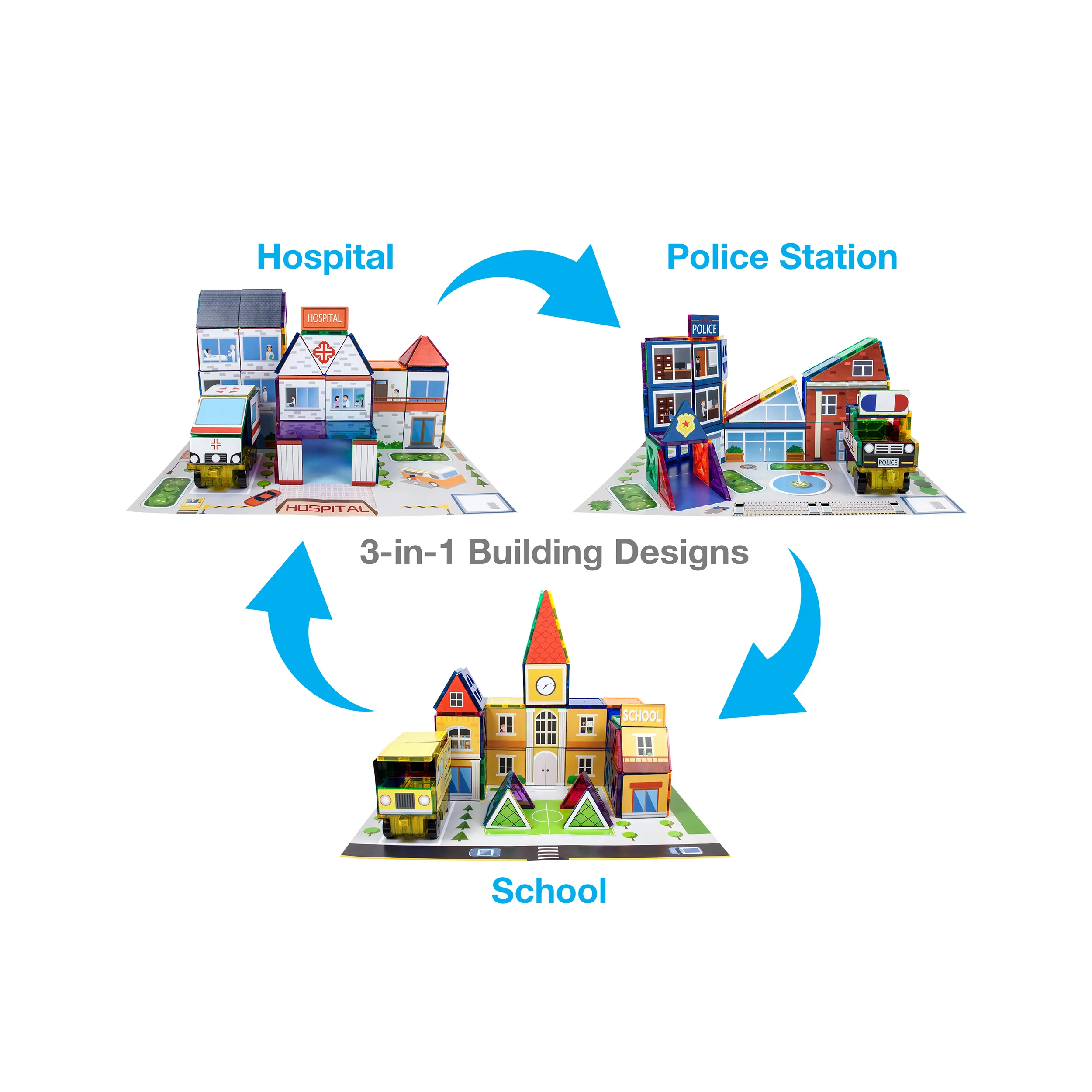 PicassoTiles 3-in-1 School, Hospital, and Police Station Magnetic Tile Building Set - Image 4