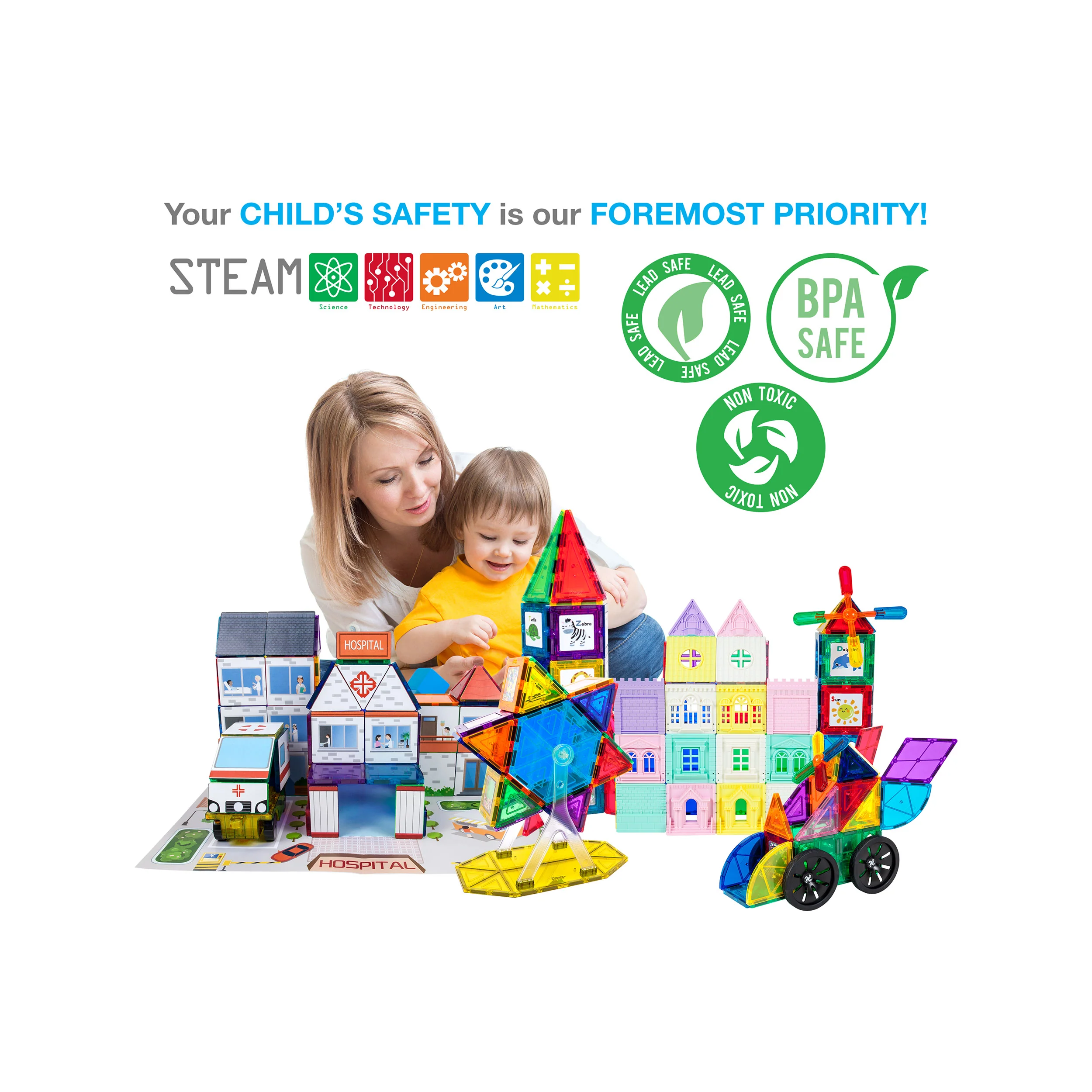 PicassoTiles 3-in-1 School, Hospital, and Police Station Magnetic Tile Building Set - Image 5