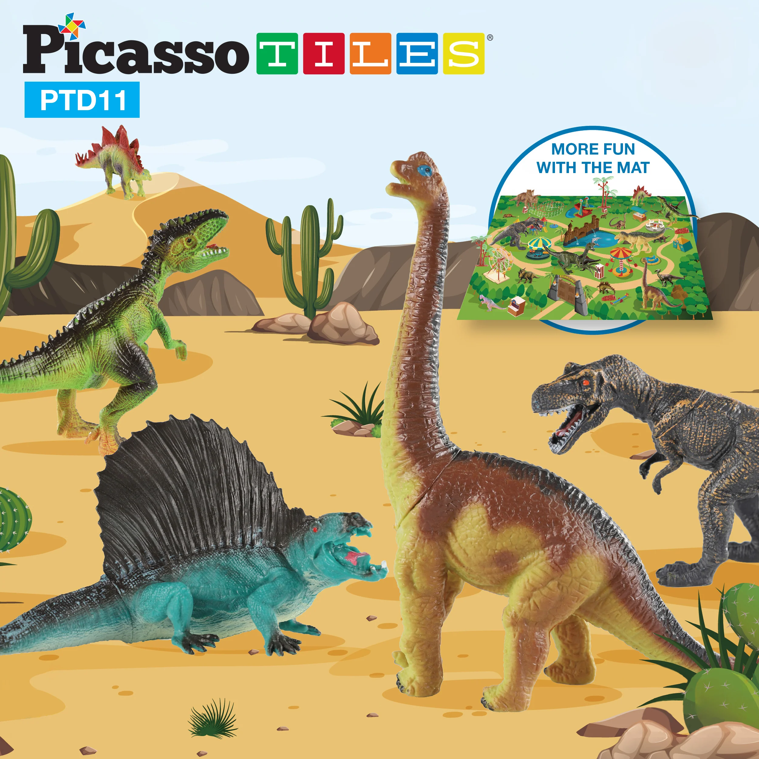 PicassoTiles 32pcs Dinosaur Action Figures with Prehistoric Activity Play Mat - Image 2