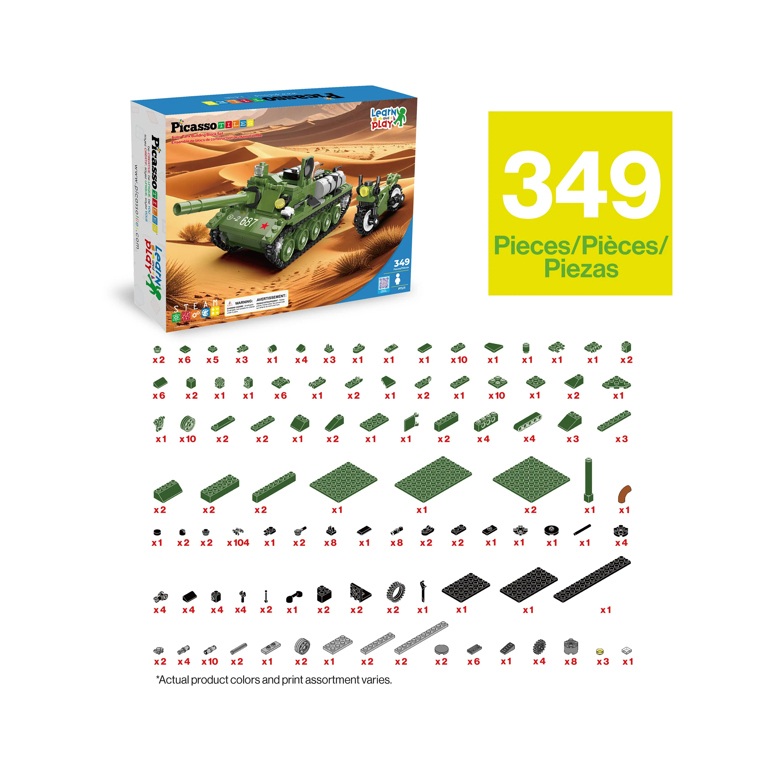 PicassoTiles 349pc Army Tank & Military Motorcycle Brick Block Building Set - Image 3