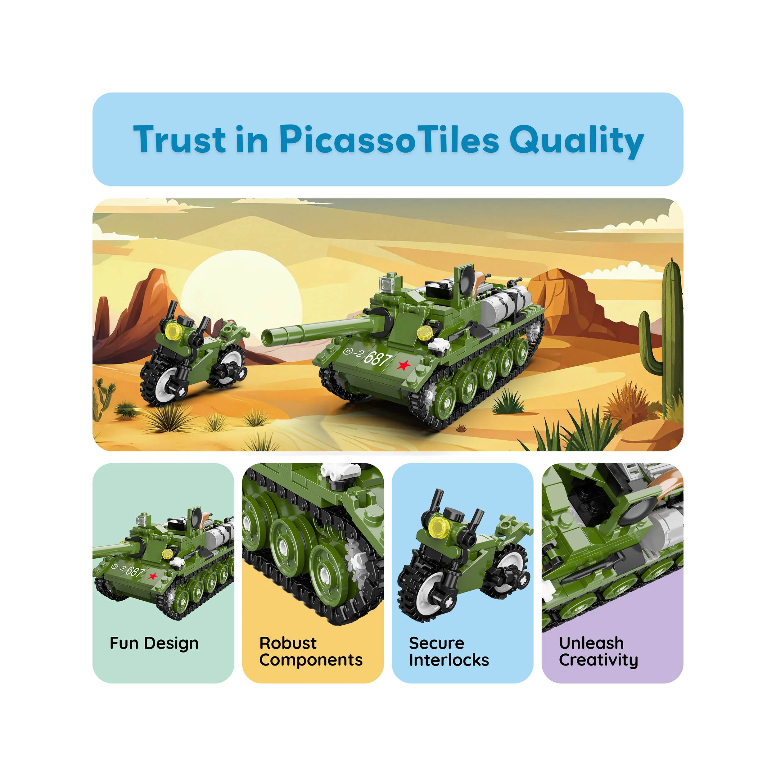 PicassoTiles 349pc Army Tank & Military Motorcycle Brick Block Building Set - Image 8